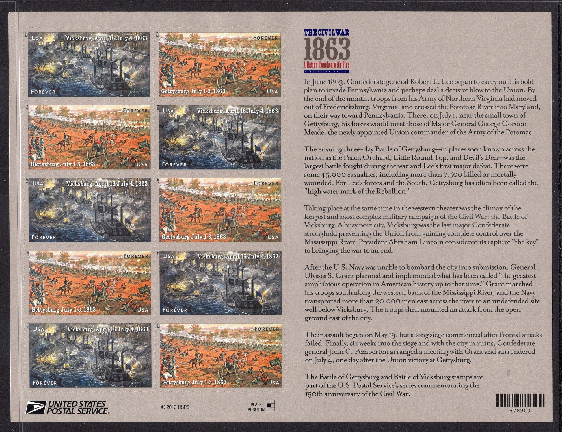 CIVIL WAR 1863 ANNIVERSARY Sheet of 12 Stamps Vicksburg Battle Gettysburg - Mint Bright Fresh - Stock# 4787 