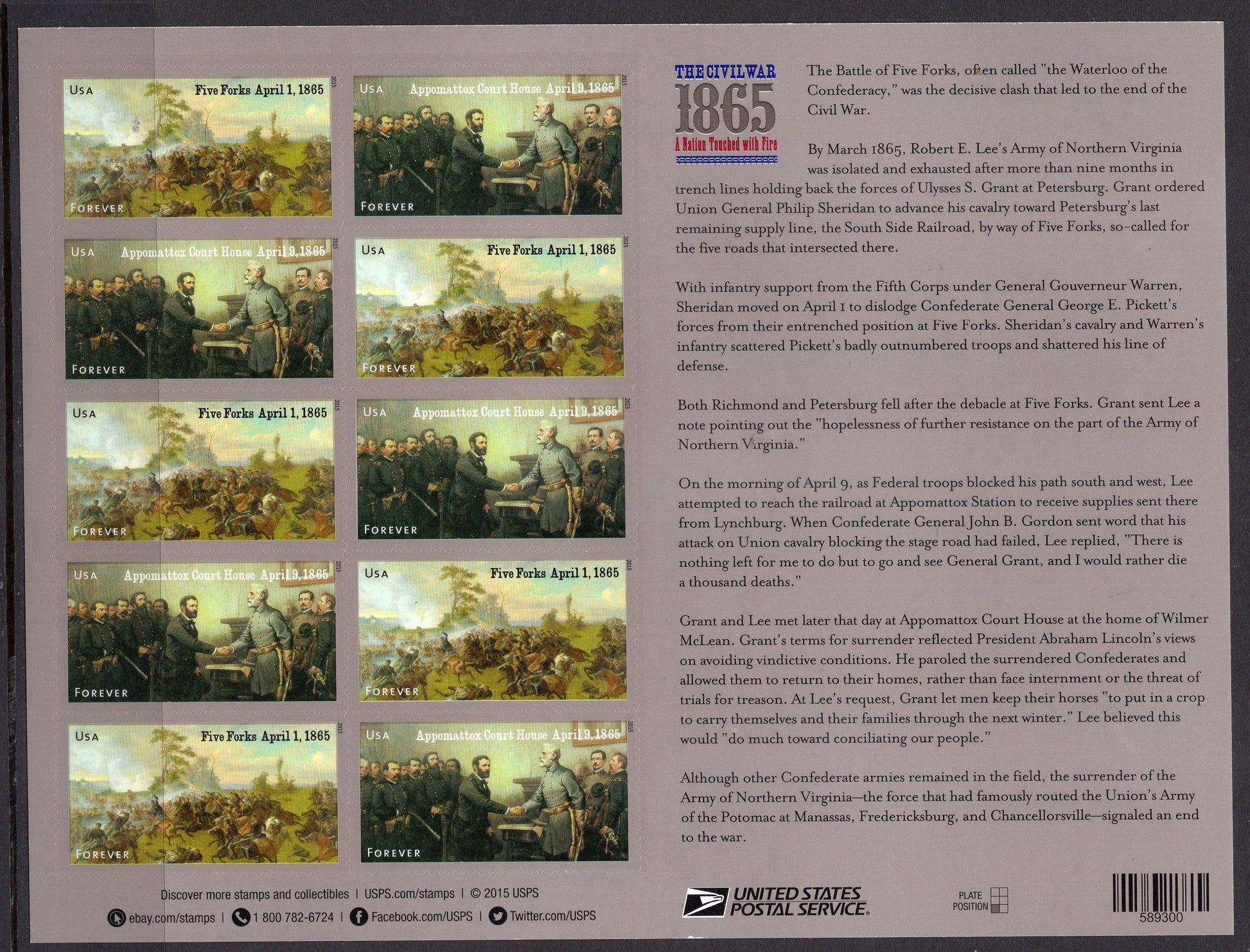 CIVIL WAR 1865 ANNIVERSARY Sheet of 12 Stamps Five Forks Appomattox Surrender- Mint Bright Fresh - Stock# 4980 