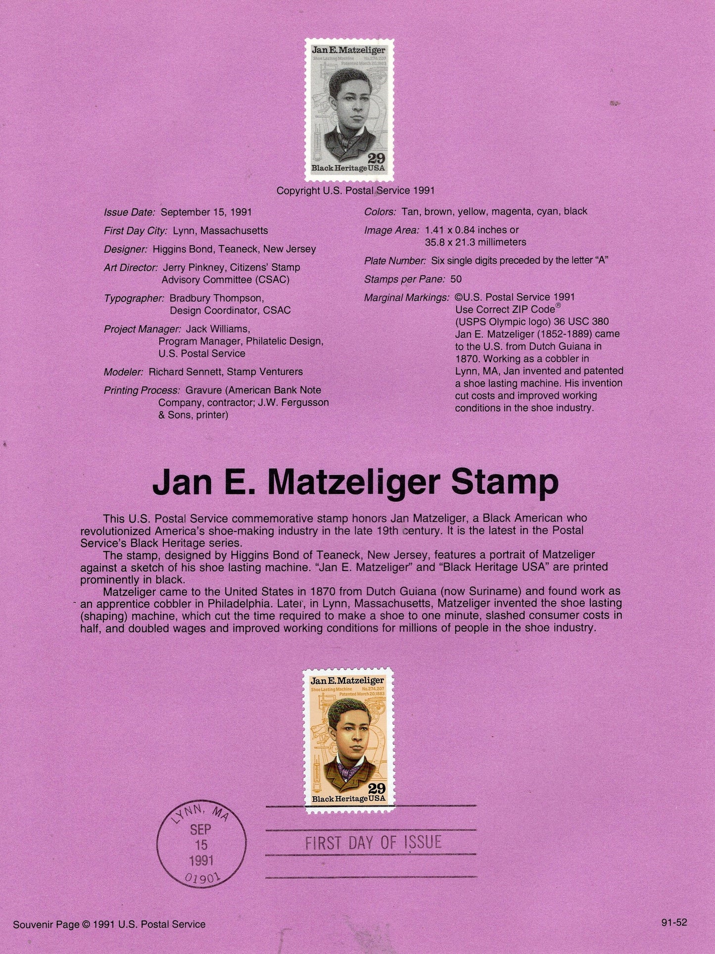 JAN MATZELIGER Inventor Black Heritage Official USPS Souvenir Page Stamp with First Day Cancel Text - Vintage 1991-Stock# 2567
