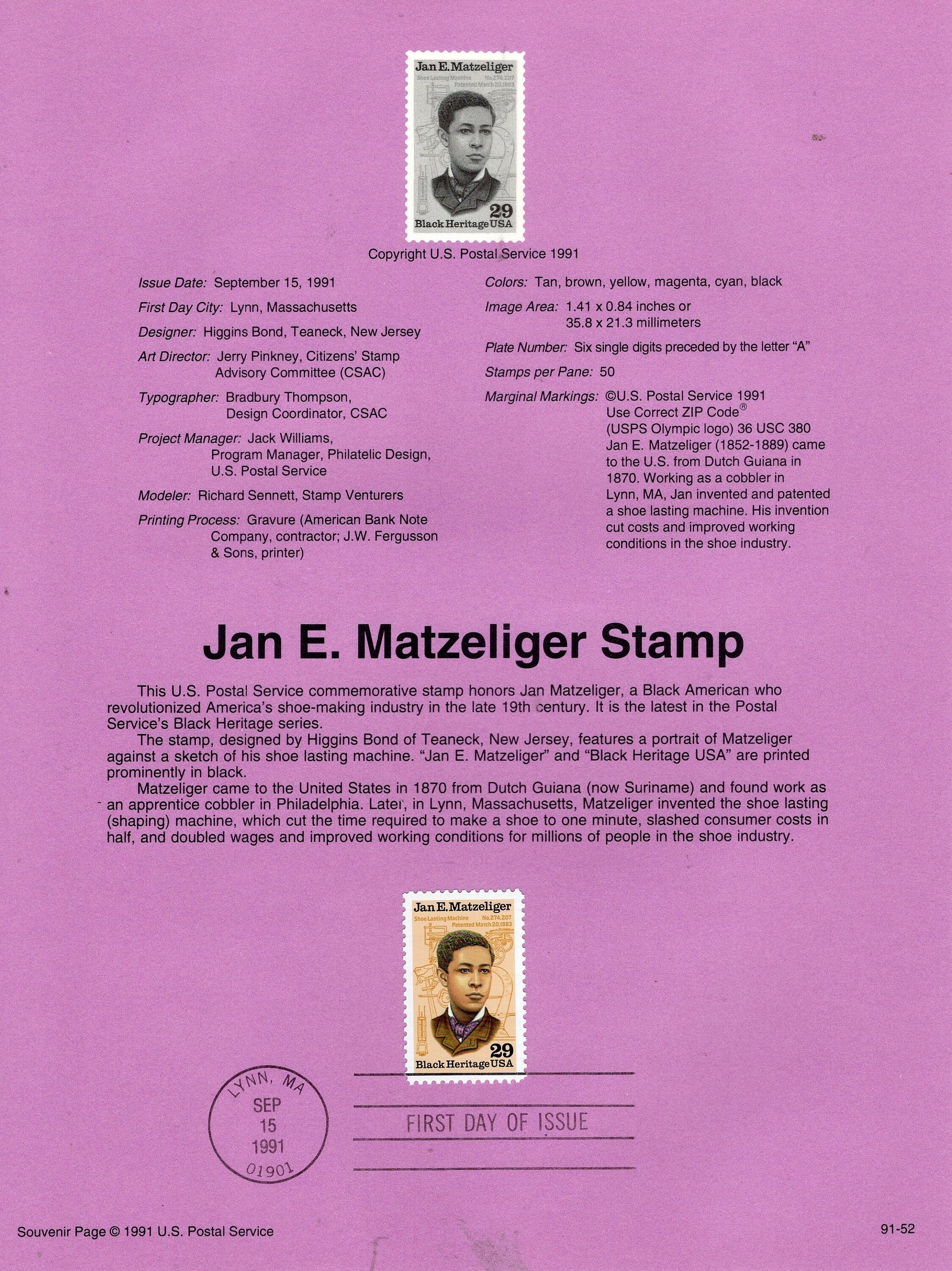 JAN MATZELIGER Inventor Black Heritage Official USPS Souvenir Page Stamp with First Day Cancel Text - Vintage 1991-Stock# 2567