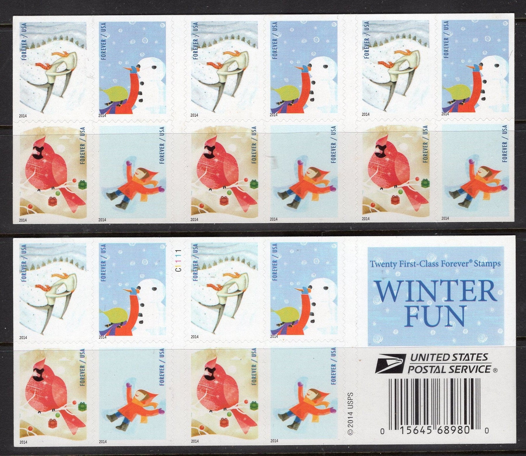 WINTER FUN Booklet of 20 Forever Stamps Skater Snowman Angel Cardinal- Mint Post Office Fresh - Vintage 2014 - Stock# 4937 B 