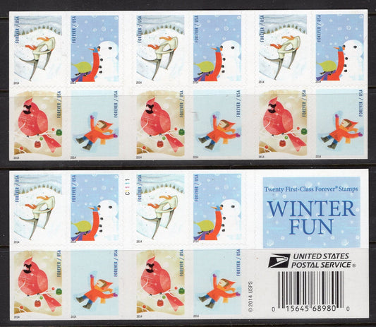 WINTER FUN Booklet of 20 Forever Stamps Skater Snowman Angel Cardinal- Mint Post Office Fresh - Vintage 2014 - Stock# 4937 B 
