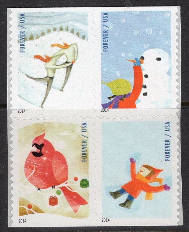 WINTER FUN Booklet of 20 Forever Stamps Skater Snowman Angel Cardinal- Mint Post Office Fresh - Vintage 2014 - Stock# 4937 B 
