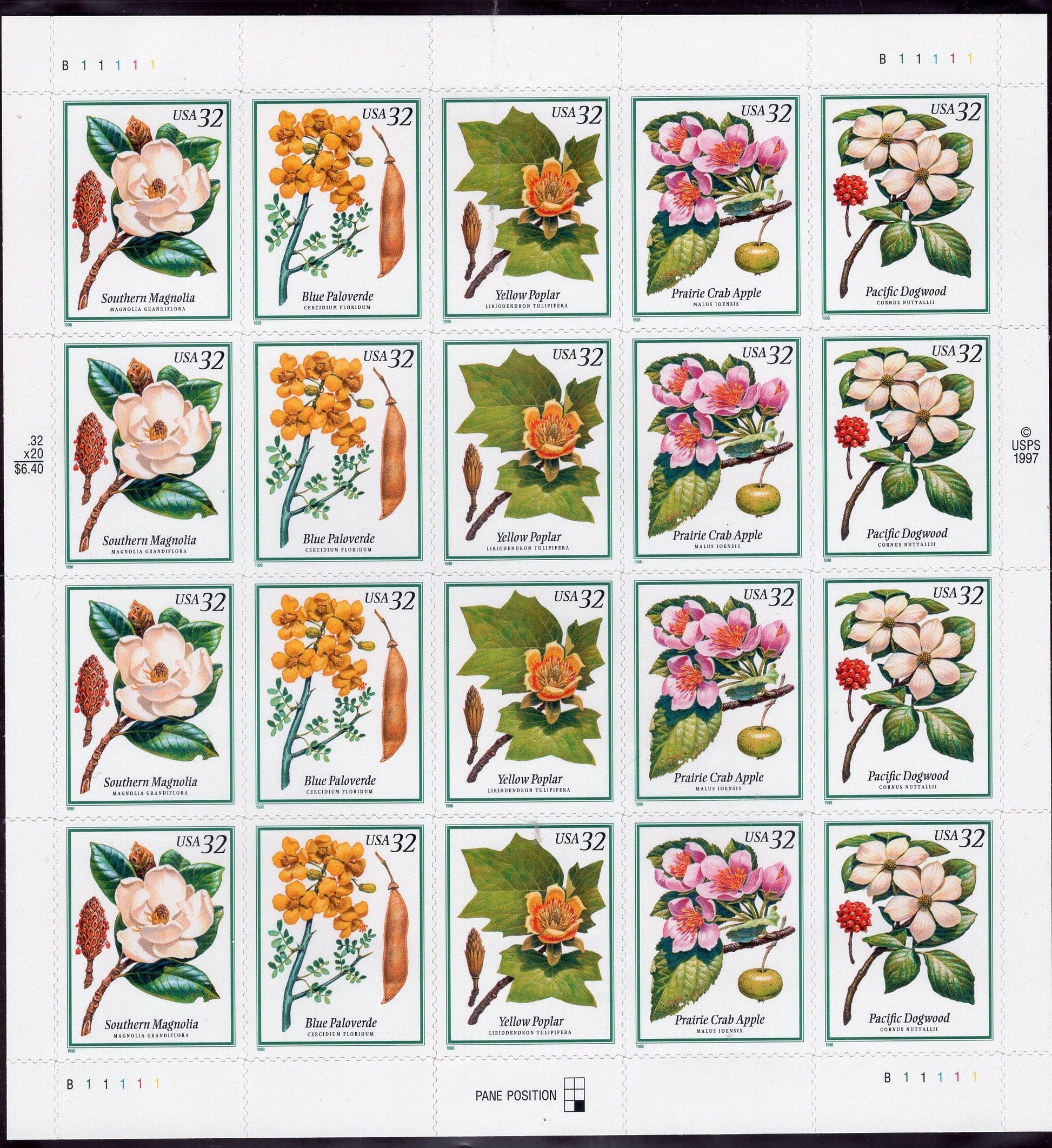 FLOWERING TREES Strips or Sheets Weddings Magnolia Dogwood Apple Poplar 32c Self-adhesive Bright Fresh - Vintage 1998 - S# 3193-FreeUSA Ship