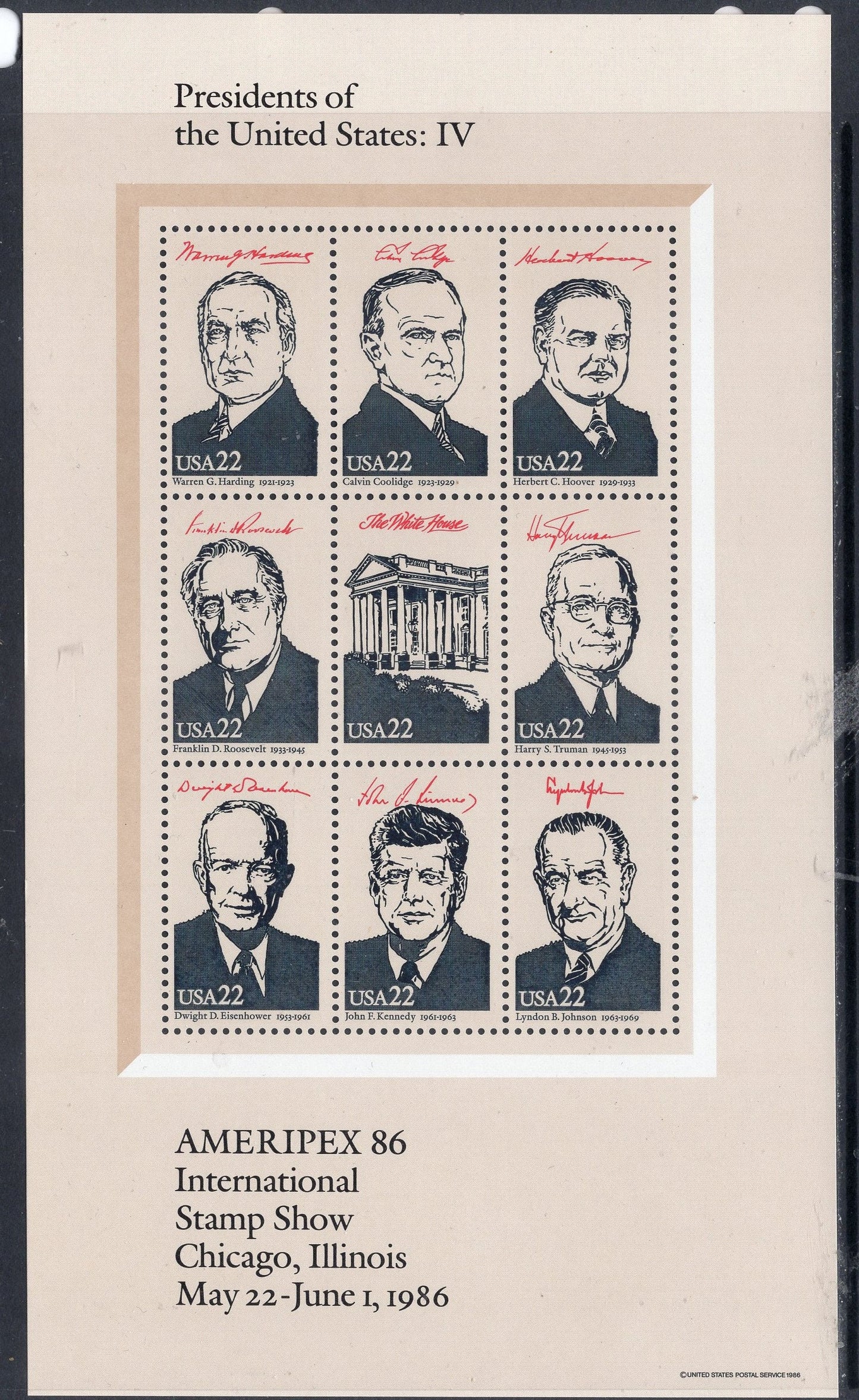 35 PRESIDENTS + the WHITE HOUSE in 4 Decorative Sheets of 9 - Vintage 1986 - Stock# 2216 ping