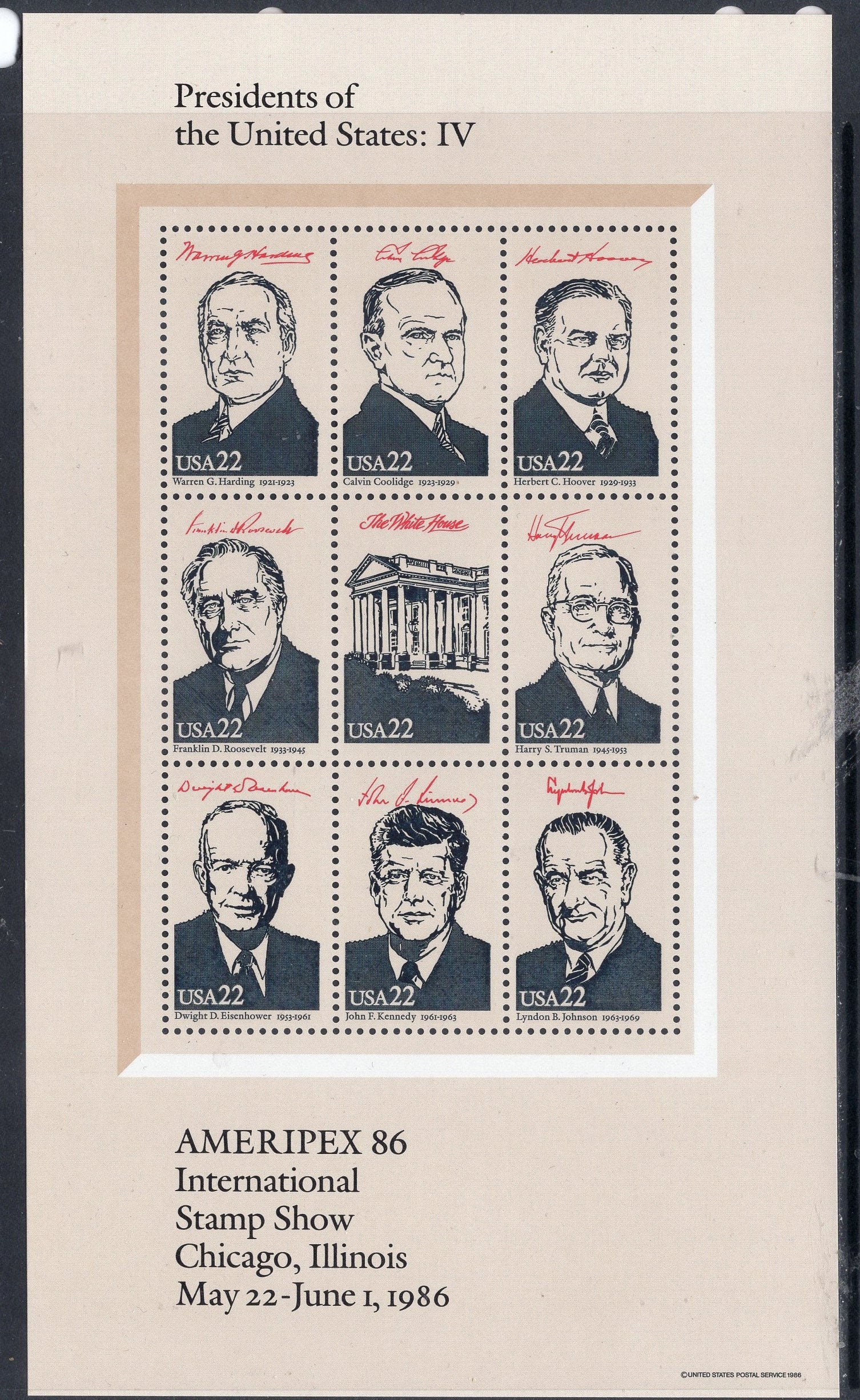 35 PRESIDENTS + the WHITE HOUSE in 4 Decorative Sheets of 9 - Vintage 1986 - Stock# 2216 ping