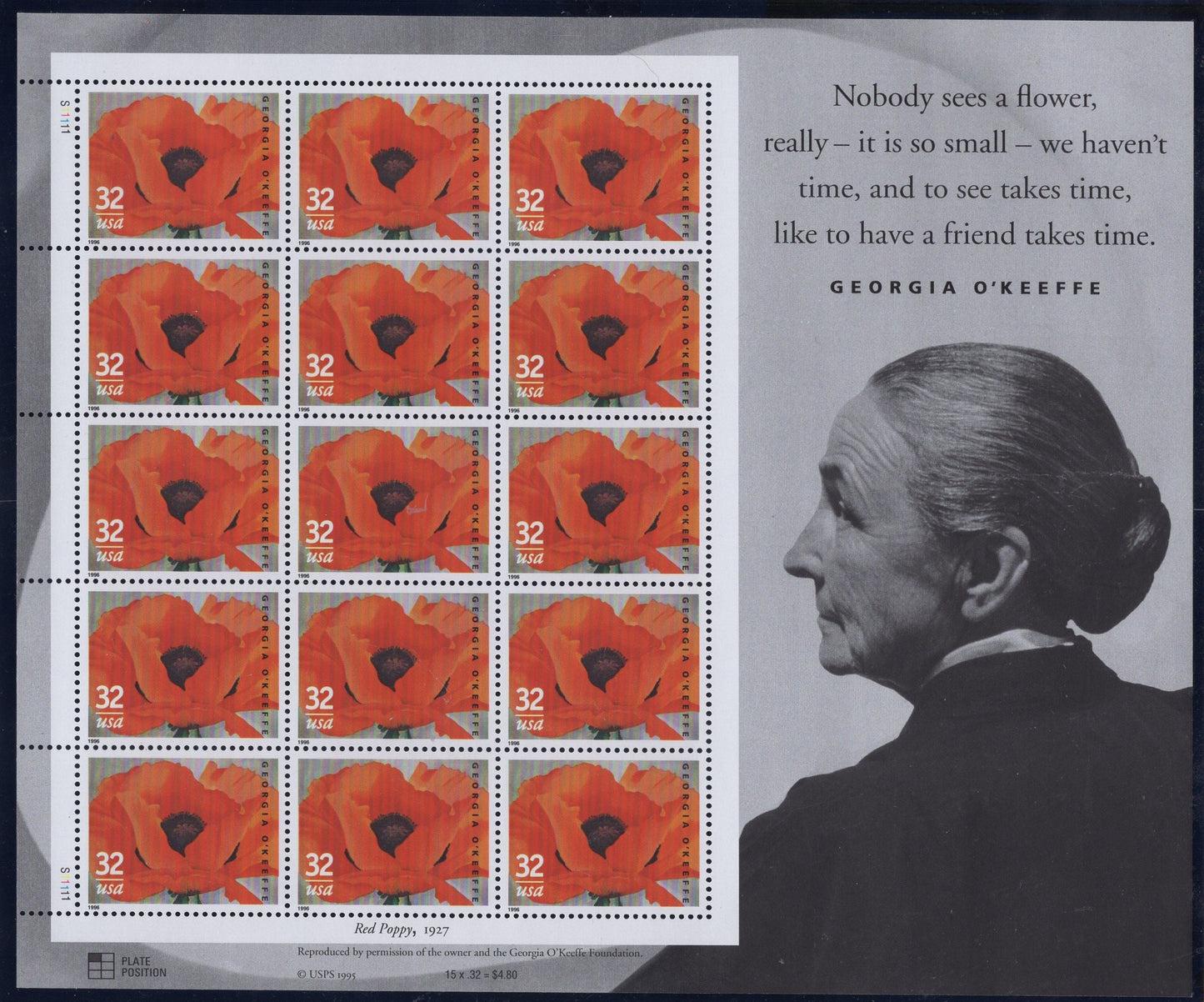 GEORGIA O'KEEFFE ARTIST Decorative Sheet of 15 32c Stamps Great for Weddings -Bright Fresh - Vintage 1996 - Stock# 3069 Keefe 