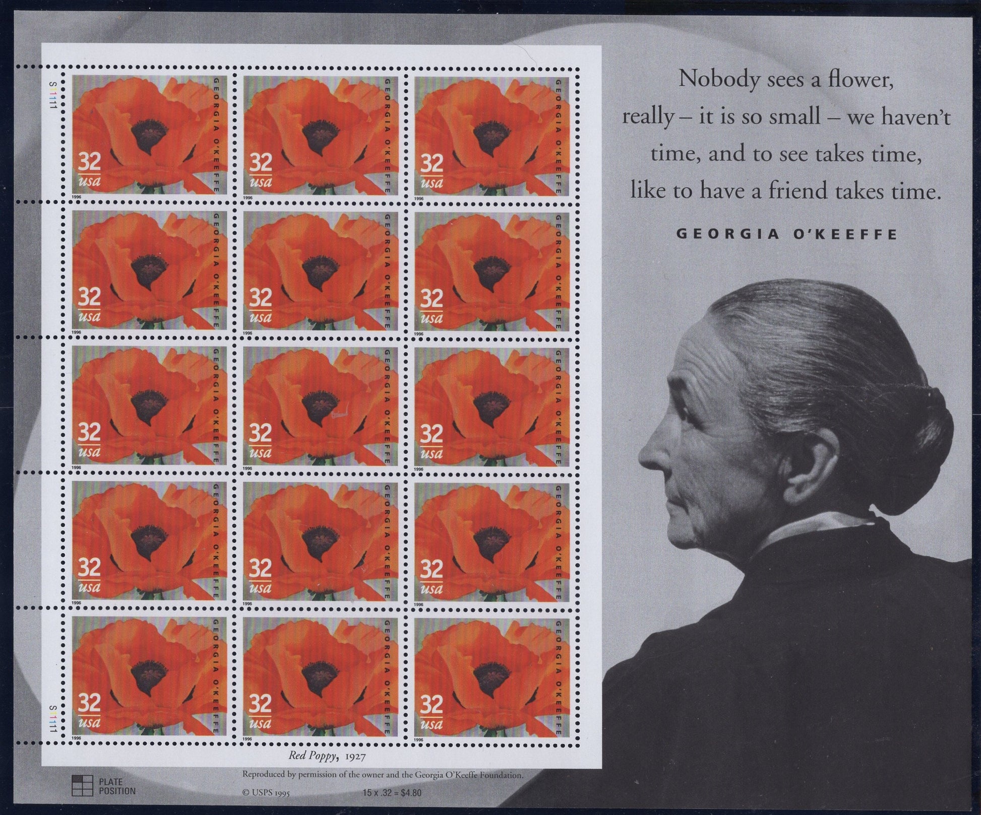 GEORGIA O'KEEFFE ARTIST Decorative Sheet of 15 32c Stamps Great for Weddings -Bright Fresh - Vintage 1996 - Stock# 3069 Keefe 