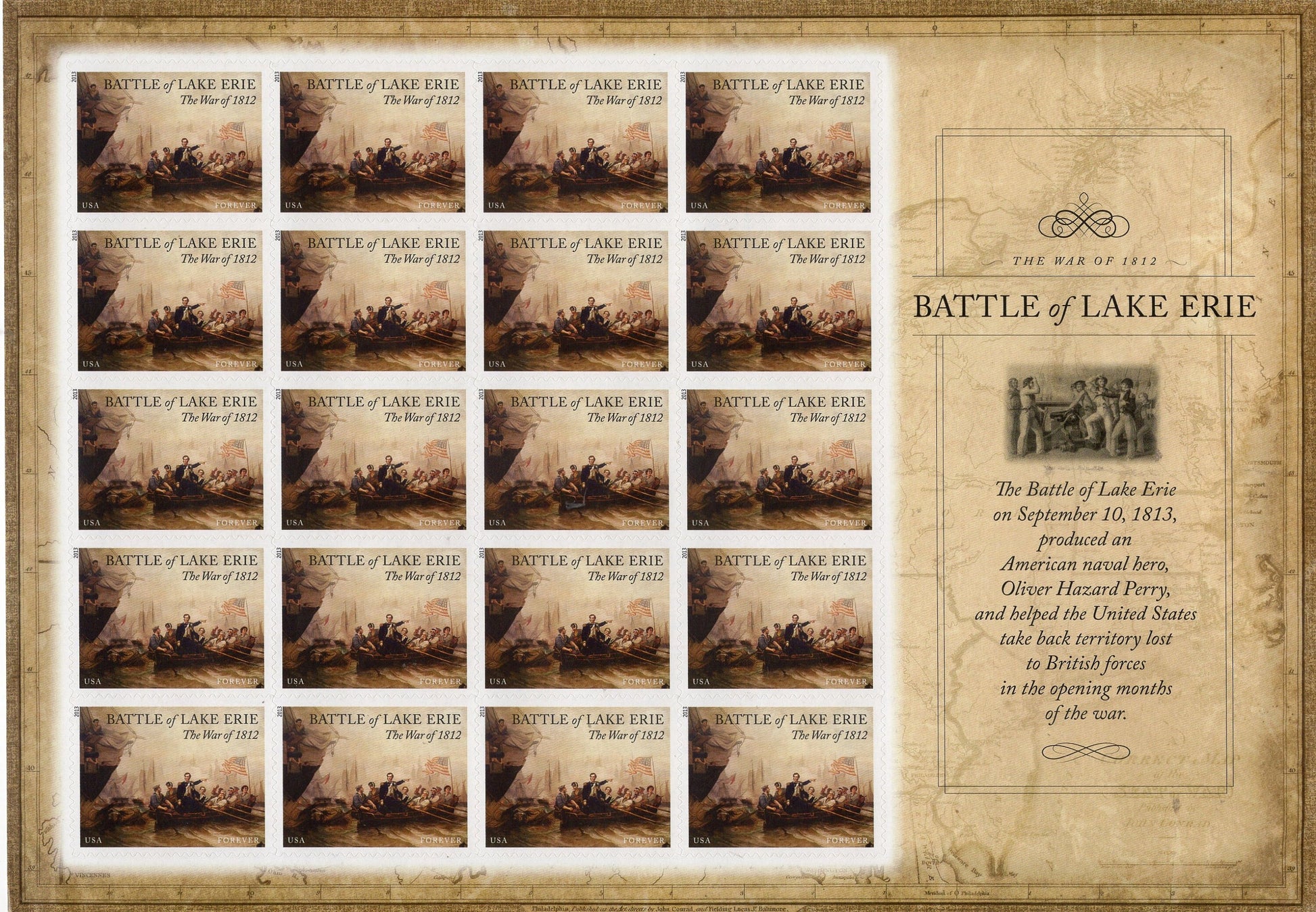 BATTLE of LAKE ERIE War of 1812 Decorative Sheet of 20 Stamps Painting Bright Fresh- Vintage 2013 Stock# 4805 S 
