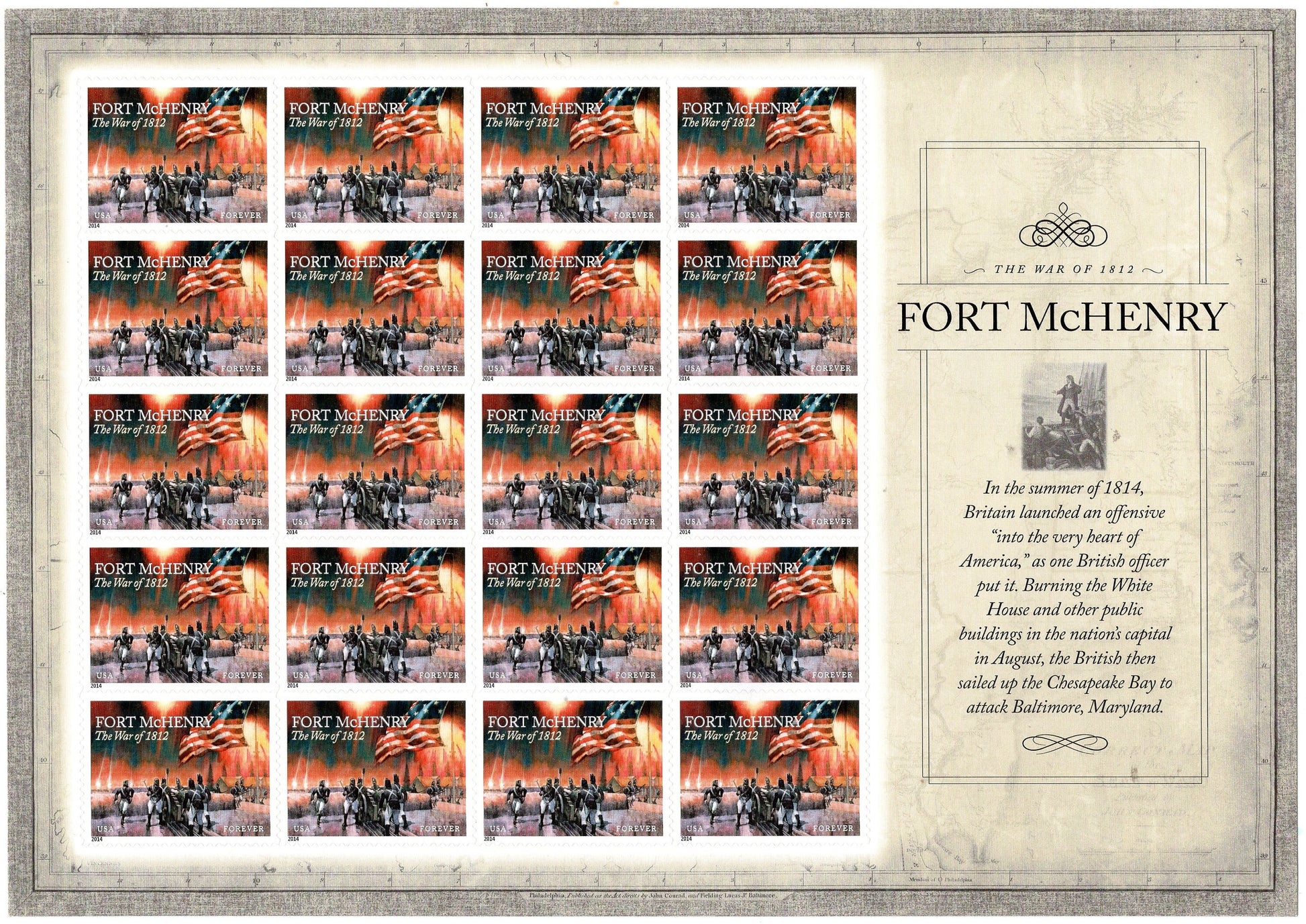 FORT McHENRY BOMBARDMENT Francis Scott Key War of 1812 Decorative Sheet of 20 Stamps Flag Painting Fresh - Vintage 2014 #4921 