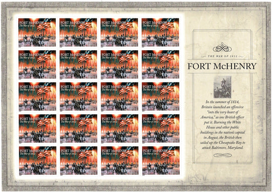 FORT McHENRY BOMBARDMENT Francis Scott Key War of 1812 Decorative Sheet of 20 Stamps Flag Painting Fresh - Vintage 2014 #4921 