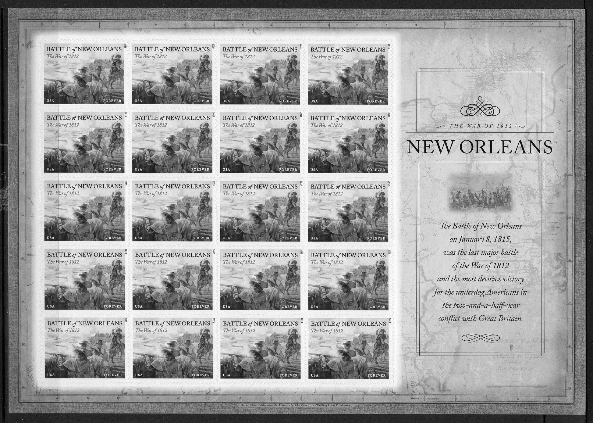 BATTLE of NEW ORLEANS War of 1812 Jackson Decorative Sheet of 20 Stamps Flag Painting Fresh - Vintage 2015 #4952 