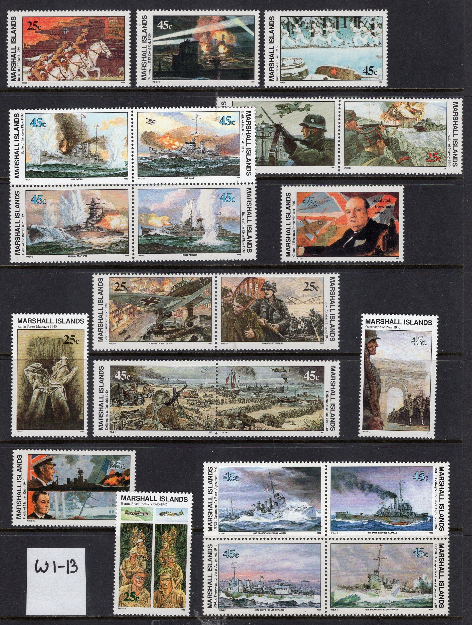 WORLD WAR II WW2 History 1939-1945 Hiroshima Iwo Jima shown on 155 Marshall Islands VFNHStamps - Vintage1989-95 - Stock# WW2 