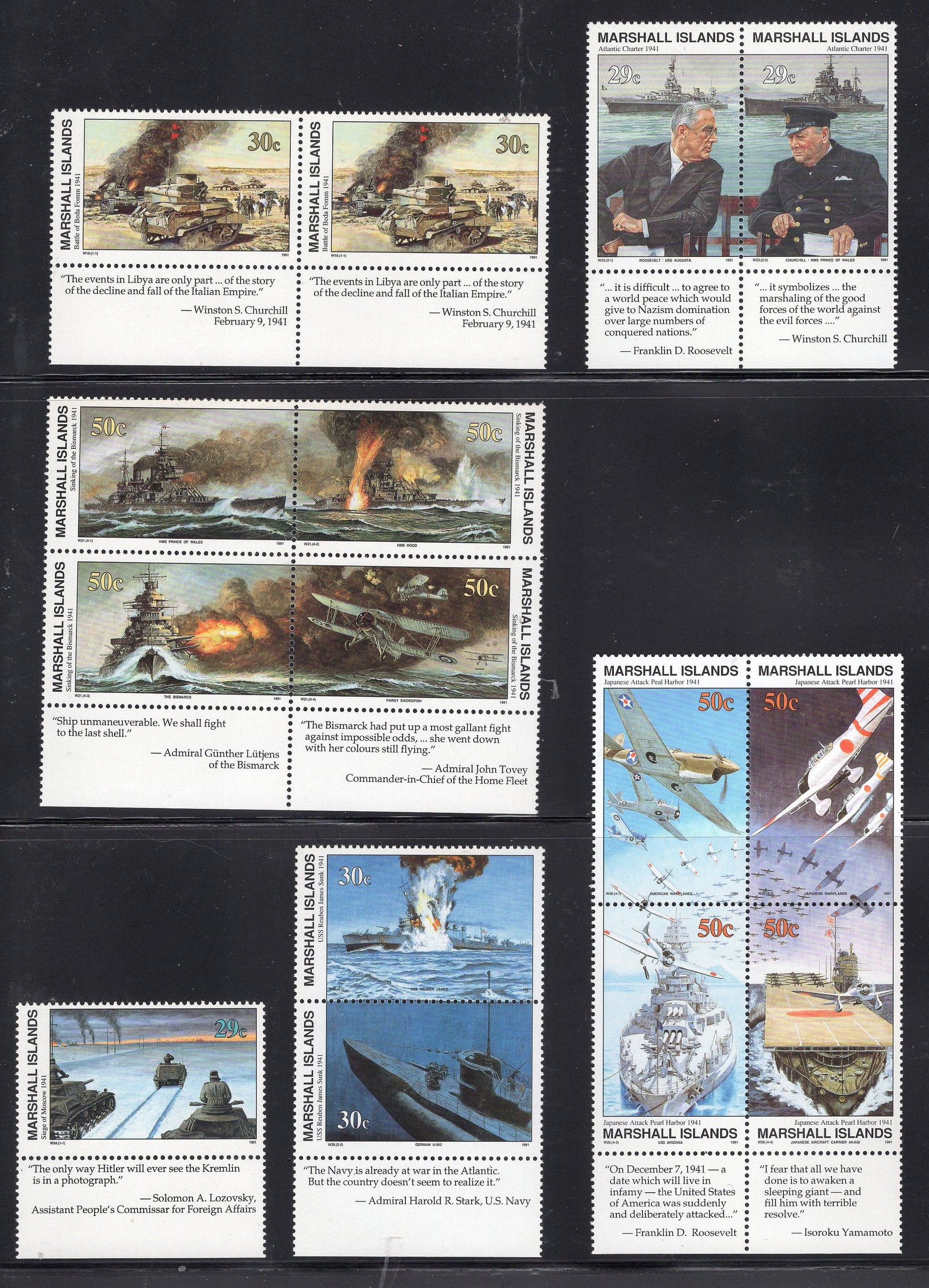 WORLD WAR II WW2 History 1939-1945 w/ Descriptive Tabs shown on 155 Marshall Islands VFNHStamps - Vintage1989-95-Stock# WW2Tab