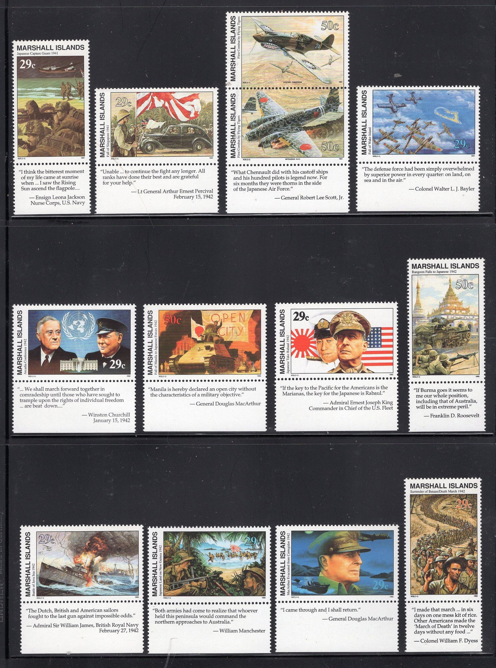 WORLD WAR II WW2 History 1939-1945 w/ Descriptive Tabs shown on 155 Marshall Islands VFNHStamps - Vintage1989-95-Stock# WW2Tab