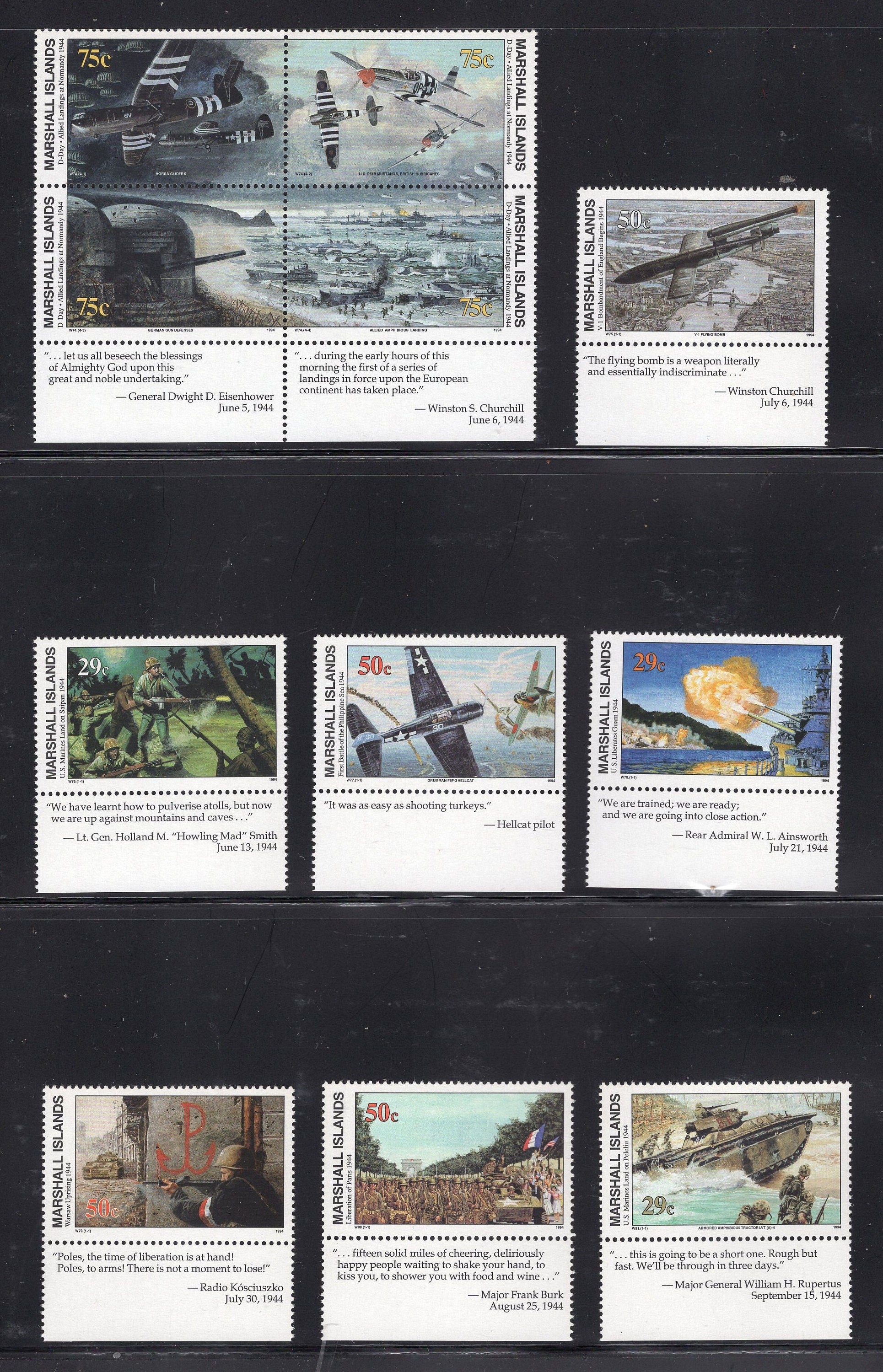 WORLD WAR II WW2 History 1939-1945 w/ Descriptive Tabs shown on 155 Marshall Islands VFNHStamps - Vintage1989-95-Stock# WW2Tab