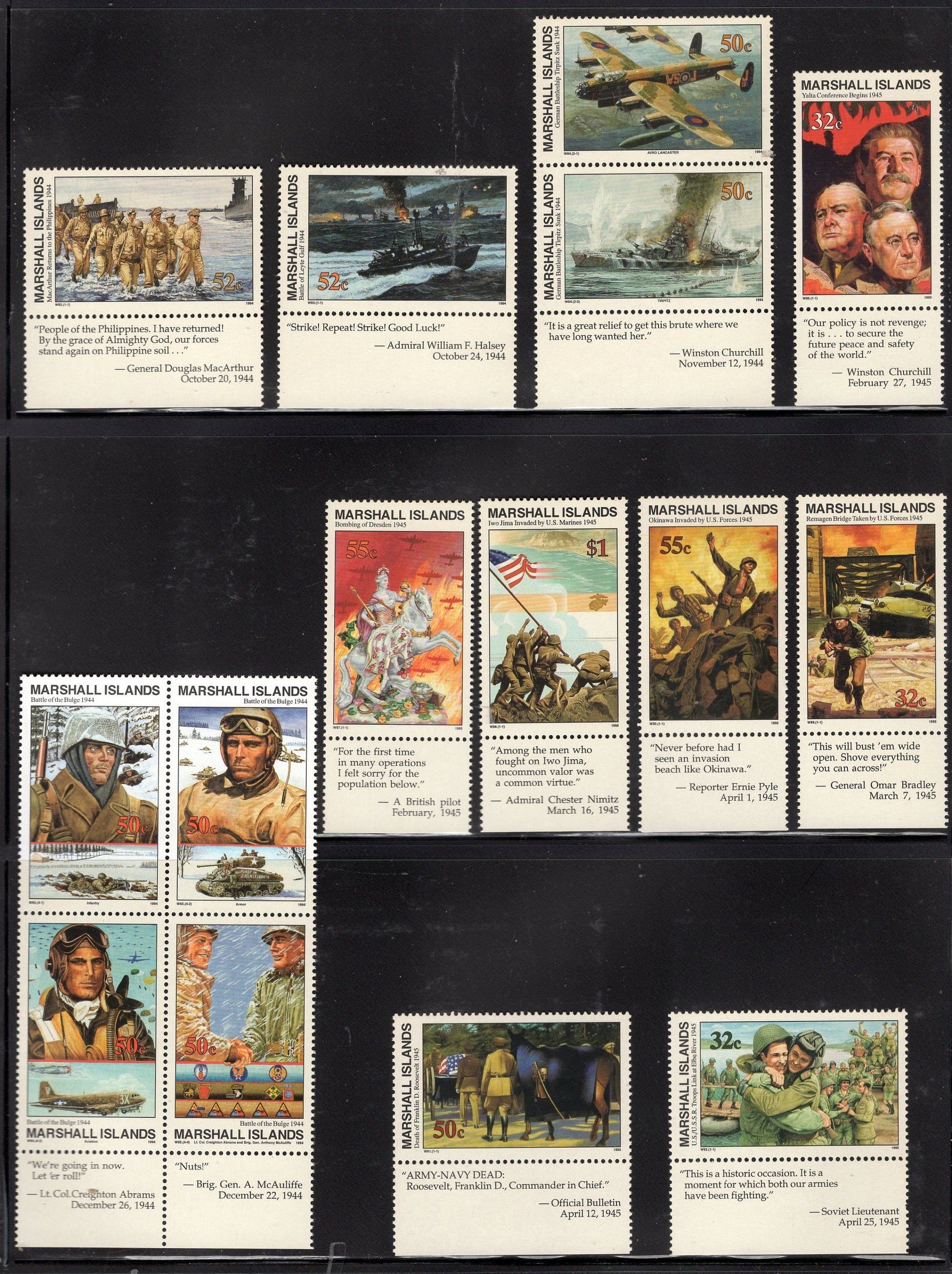WORLD WAR II WW2 History 1939-1945 w/ Descriptive Tabs shown on 155 Marshall Islands VFNHStamps - Vintage1989-95-Stock# WW2Tab
