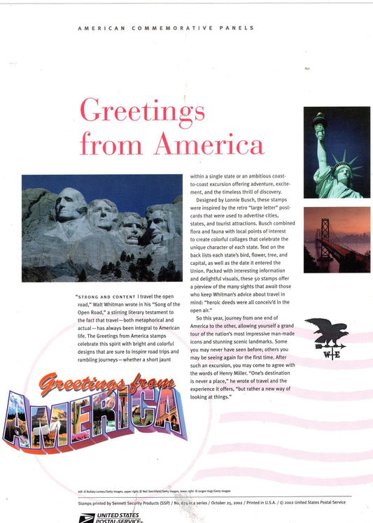 GREETINGS FROM AMERICA RUSHMORe Two Commemorative Panels w/ Sheet of 50 Stamps Illustrated w/Descriptive Text Great Gift 8.5x11-FreUSA Ship
