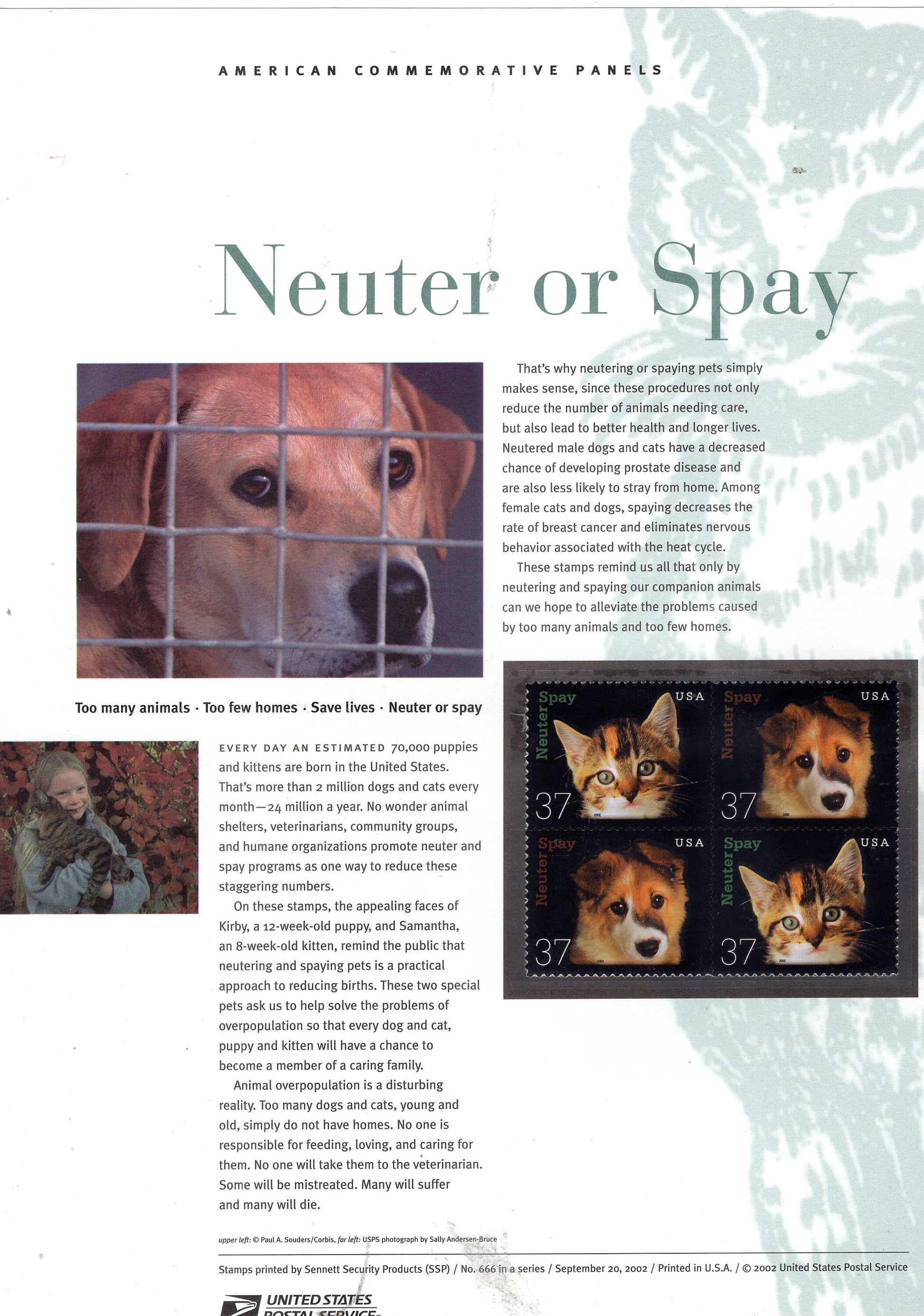 PETS SPAY NEUTER Dog Cat Commemorative Panel w/ Block of 4 Stamps Illustrations Text Great Gift 8.5x11 Vintage 2002 Stck# 666 