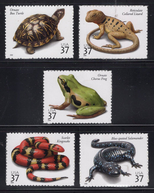 10 REPTILES inc TURTLE KINGSNAKE Frog Salamander Lizard (2 each) 37c Bright Fresh Stamps Vintage 2003 - Stock# 3814
