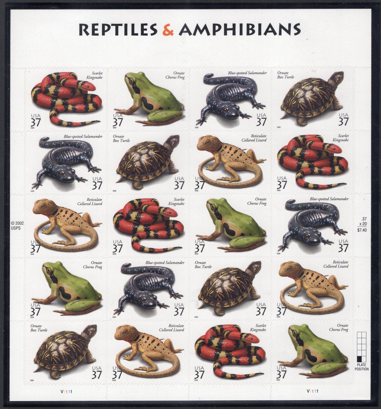 REPTILES inc TURTLE KINGSNAKE Frog Salamander Lizard Decorative Sheet of 20 - 37c Bright Fresh Stamps Vintage 2003 -Stock# 3814-FreeUSA Ship