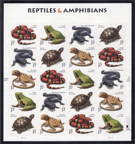 REPTILES inc TURTLE KINGSNAKE Frog Salamander Lizard Decorative Sheet of 20 - 37c Bright Fresh Stamps Vintage 2003 -Stock# 3814-FreeUSA Ship
