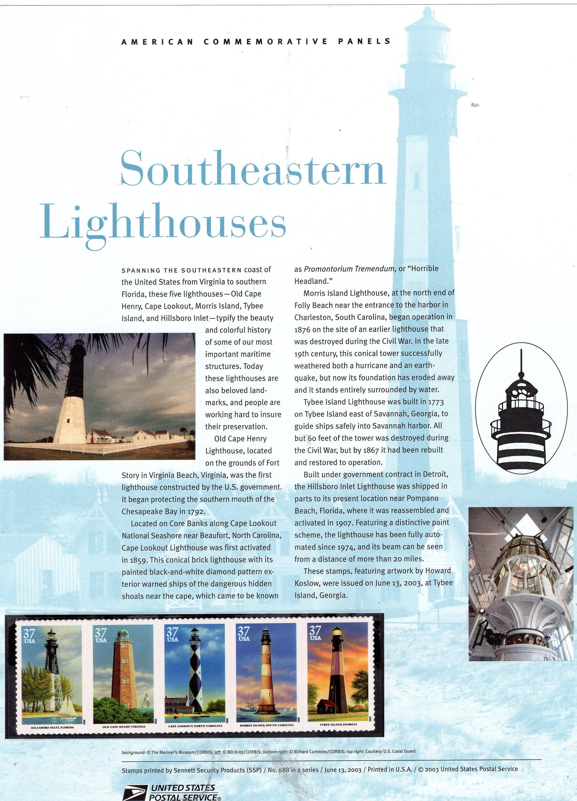 SOUTHEASTERN LIGHTHOUSES COAST Commemorative Panel with Strip of 5 Stamps Illustrations Text Great Gift 8.5x11 - 2003 - 688 