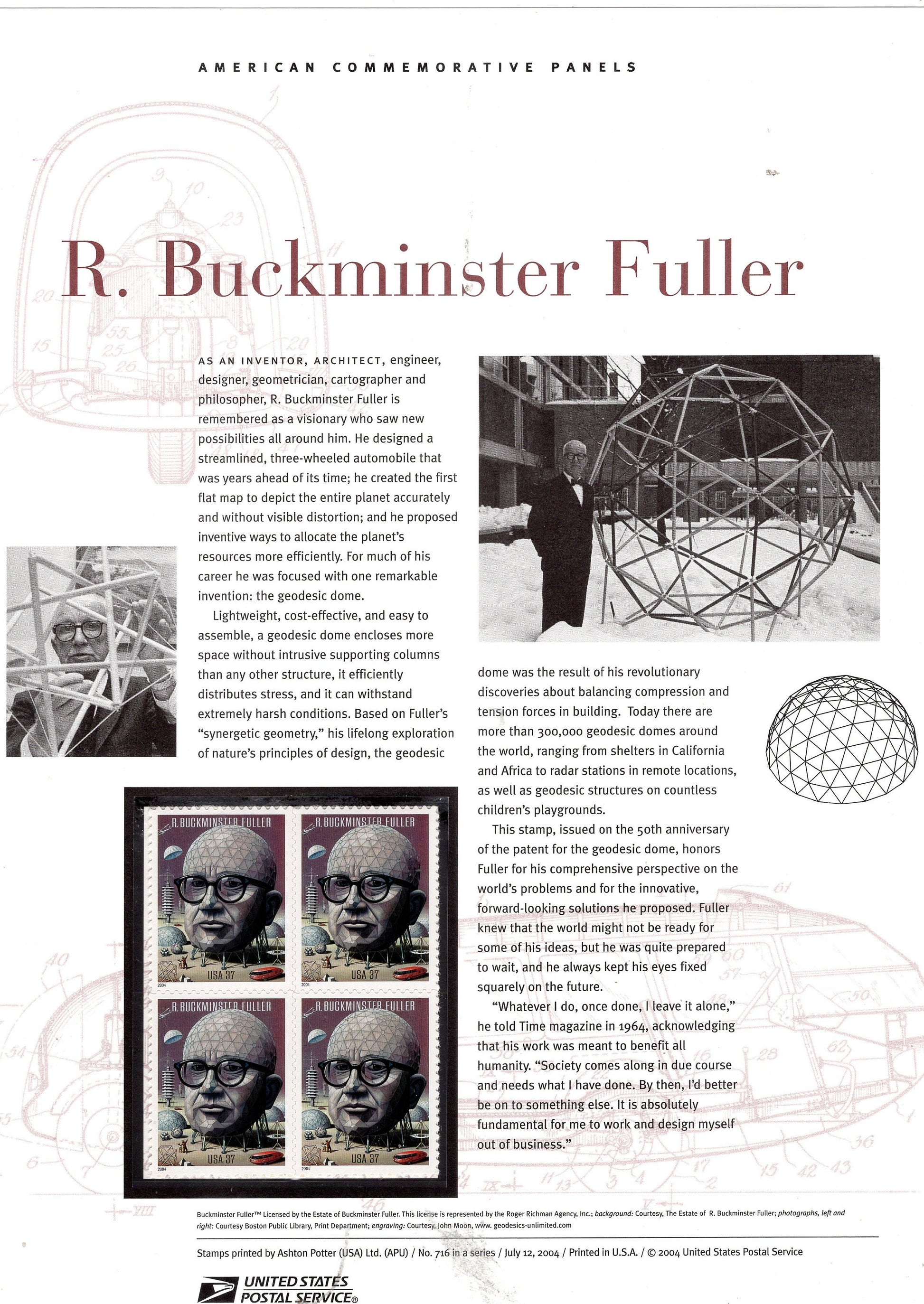 BUCKMINSTER FULLER Inventor Designer Commemorative Panel with Block of 4 Stamps Illustrations Text Great Gift 8.5x11-2004-FreeUSA Ship