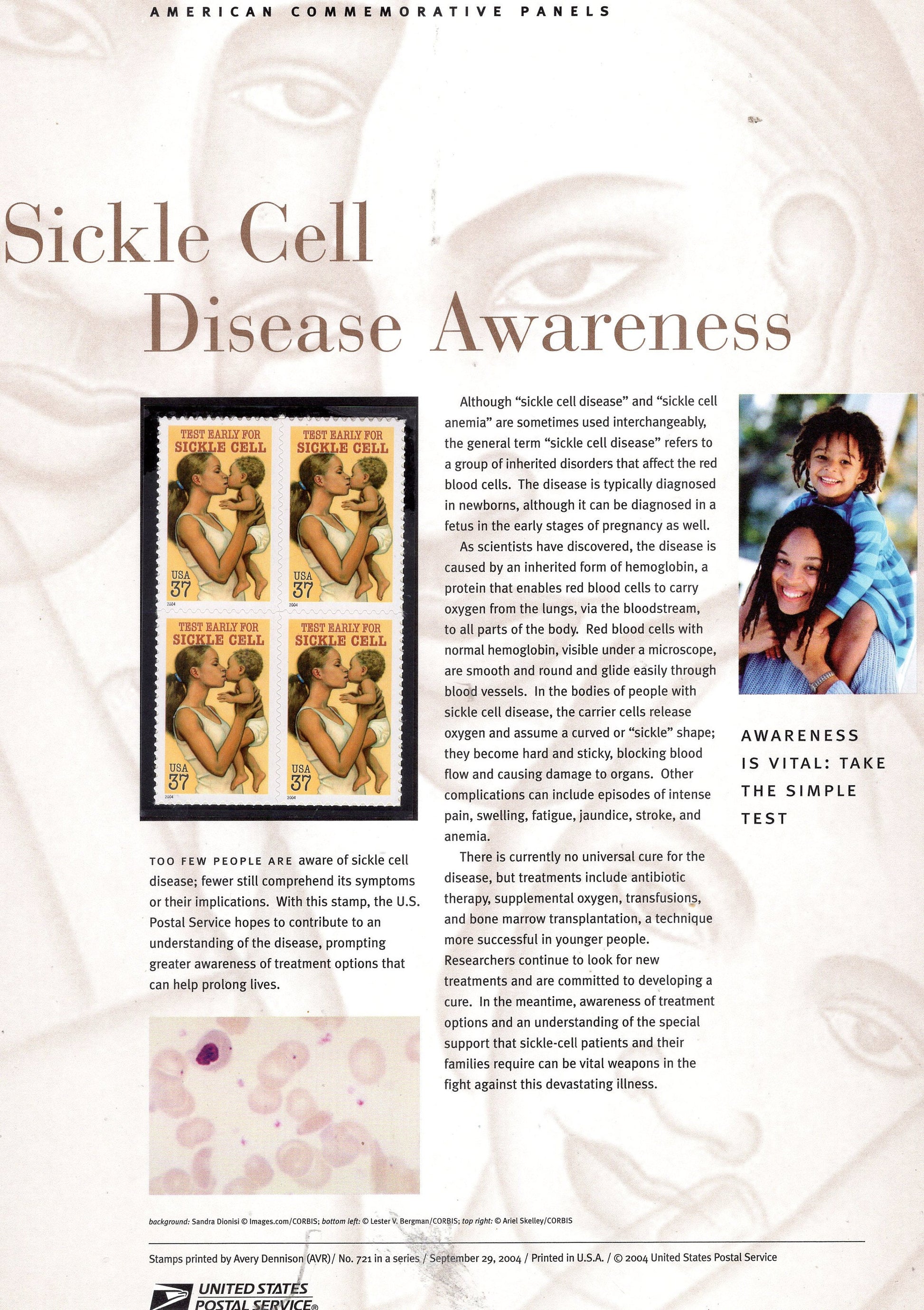 SICKLE CELL DISEASE Awareness Hemoglobin Commemorative Panel with Block of 4 Stamps Illustrations Text Great Gift 8.5x11 -2004