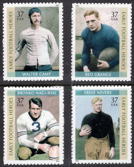 2 each EARLY FOOTBALL HEROES (8 stamps total) Red Grange Bronko Nagurski Walter Camp Ernie Nevers Mint Fresh USa Vintage 2003 