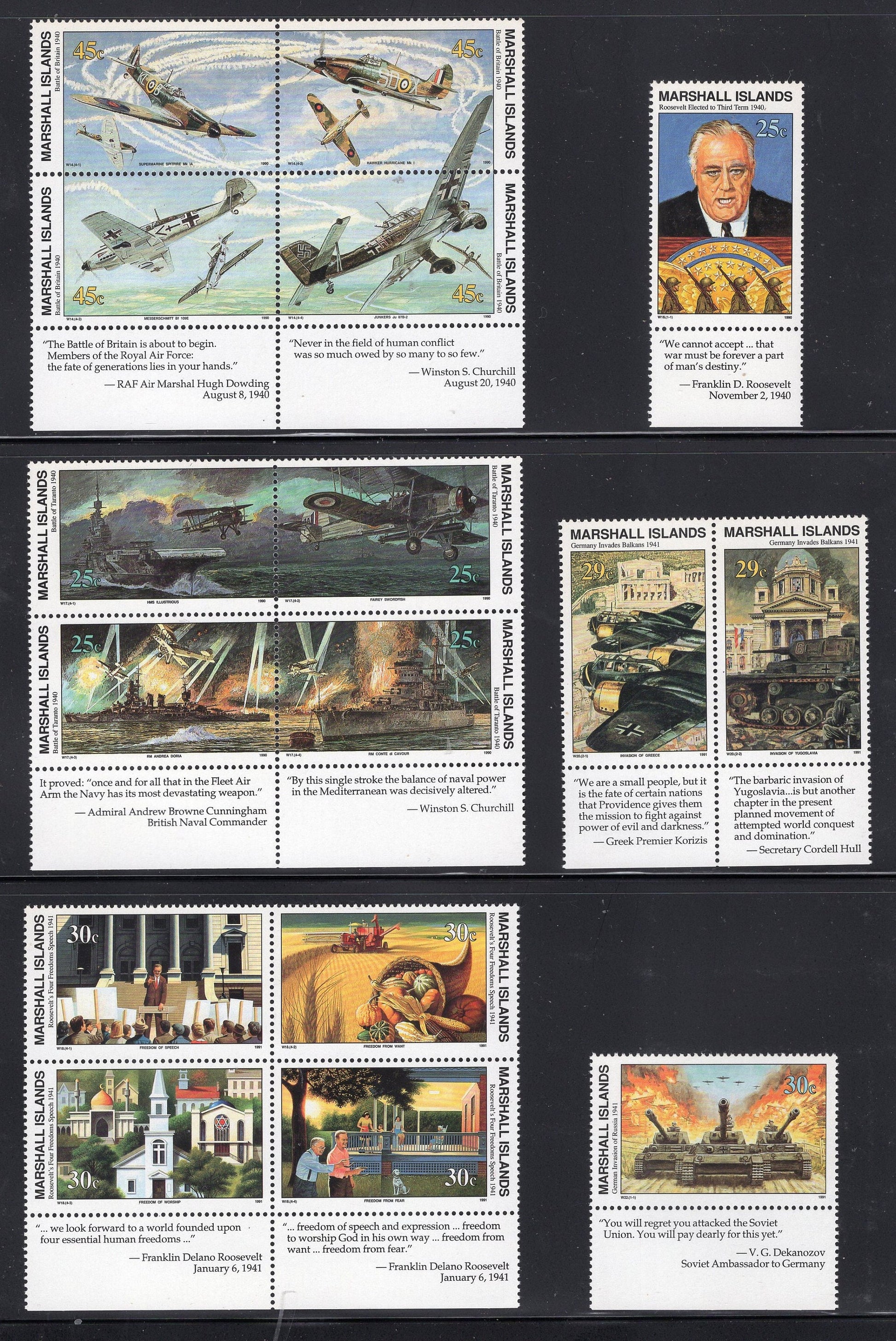 WORLD WAR II WW2 History 1939-1945 w/ Descriptive Tabs shown on 155 Marshall Islands VFNHStamps - Vintage1989-95-Stock# WW2Tab