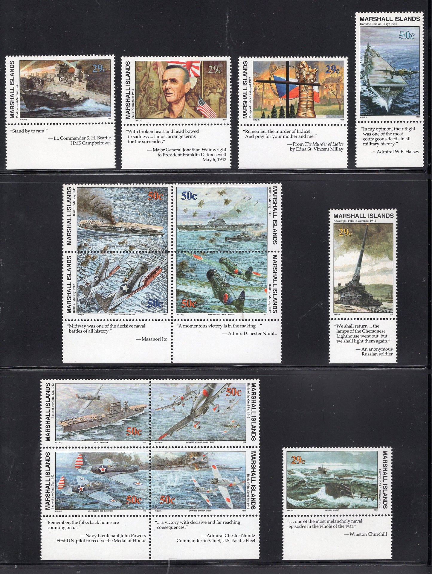 WORLD WAR II WW2 History 1939-1945 w/ Descriptive Tabs shown on 155 Marshall Islands VFNHStamps - Vintage1989-95-Stock# WW2Tab