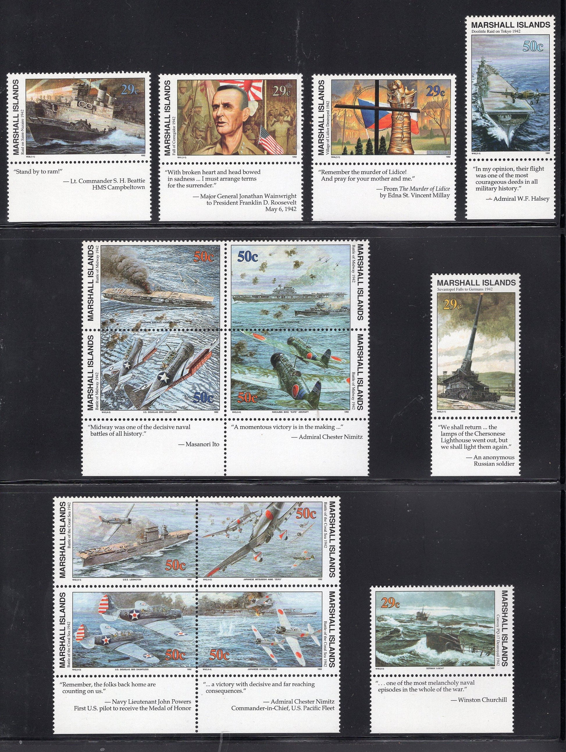 WORLD WAR II WW2 History 1939-1945 w/ Descriptive Tabs shown on 155 Marshall Islands VFNHStamps - Vintage1989-95-Stock# WW2Tab