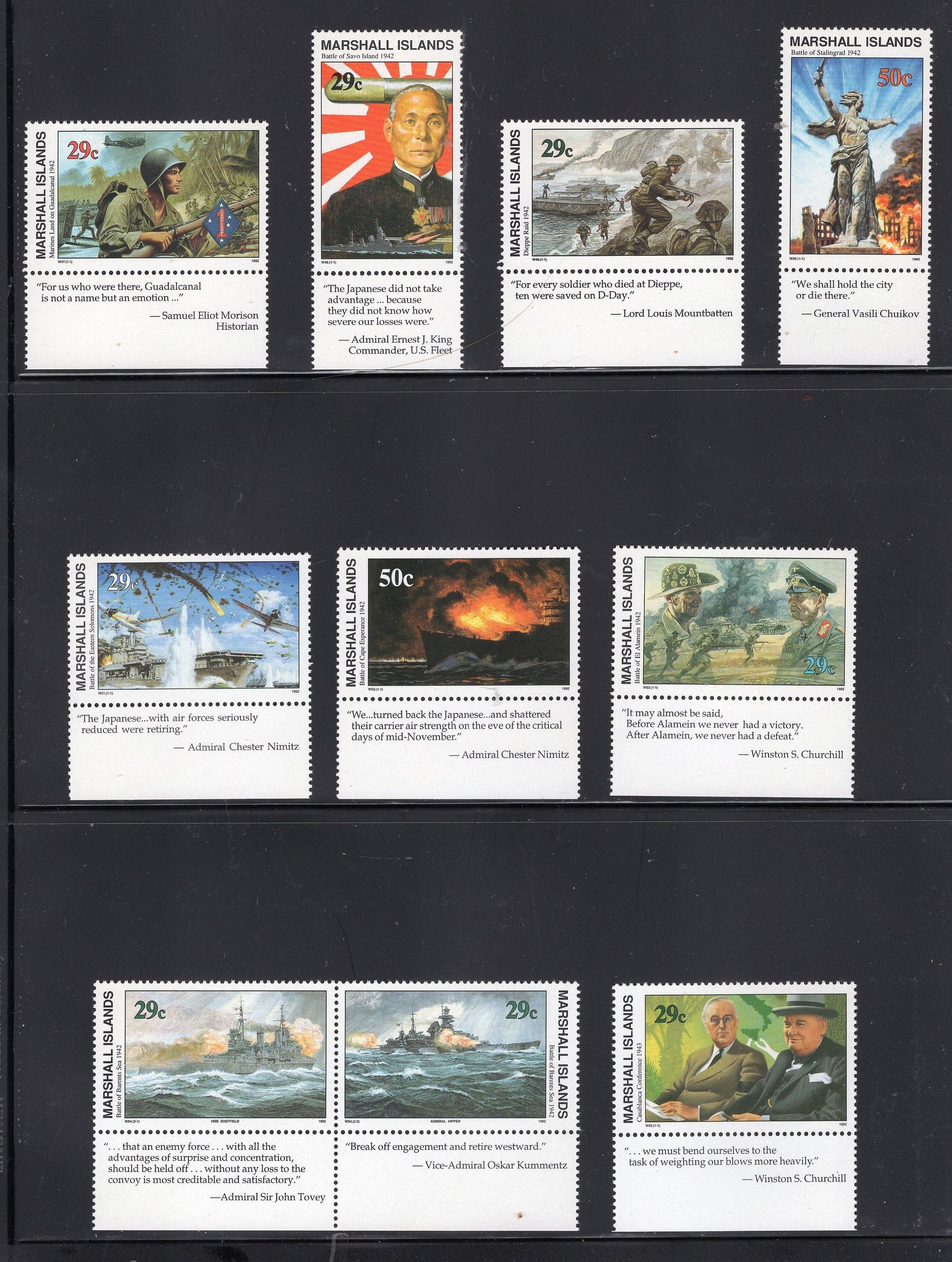 WORLD WAR II WW2 History 1939-1945 w/ Descriptive Tabs shown on 155 Marshall Islands VFNHStamps - Vintage1989-95-Stock# WW2Tab
