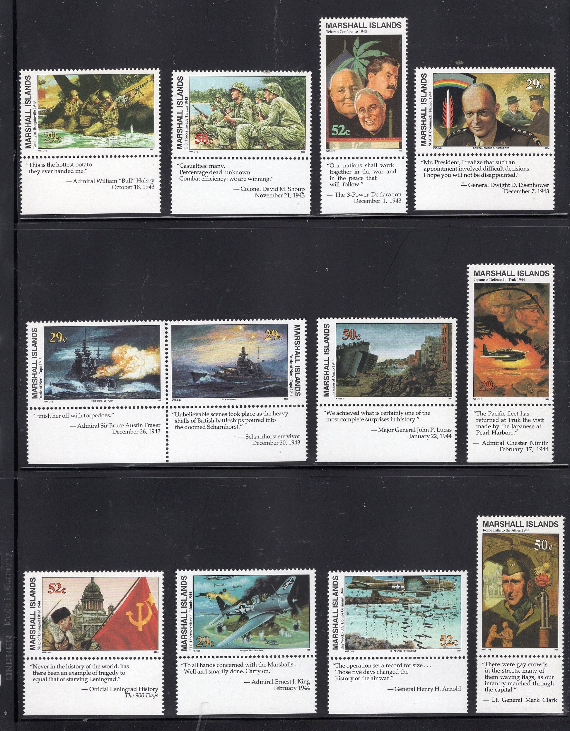 WORLD WAR II WW2 History 1939-1945 w/ Descriptive Tabs shown on 155 Marshall Islands VFNHStamps - Vintage1989-95-Stock# WW2Tab