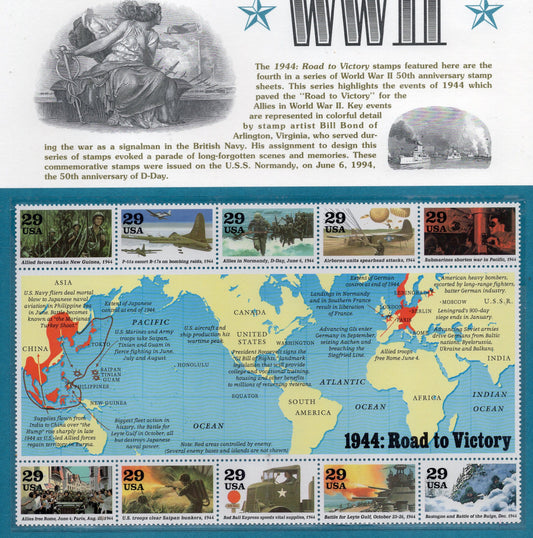 WORLD WAR 2 WWII 1944 Road to Victory Map Commemorative Panel with Sheet of 10 Stamps Illustrations Text Great Gift 8.5x11