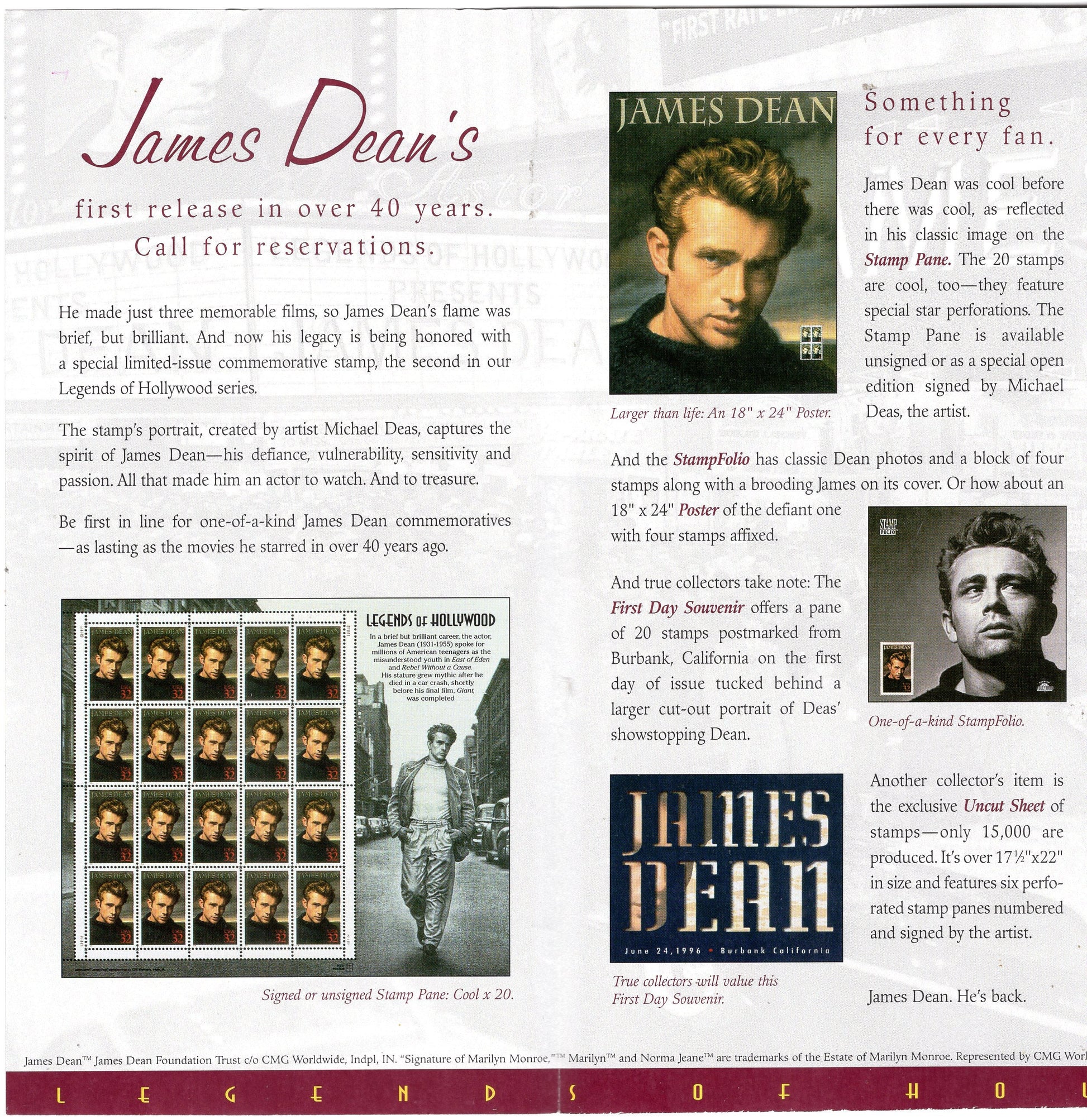 JAMES DEAN FOLDER Actor 8 Pages with Text + Illustrations from the Post Office - See 3 Scans - Vintage 1996 - Stock# 3082FLD 
