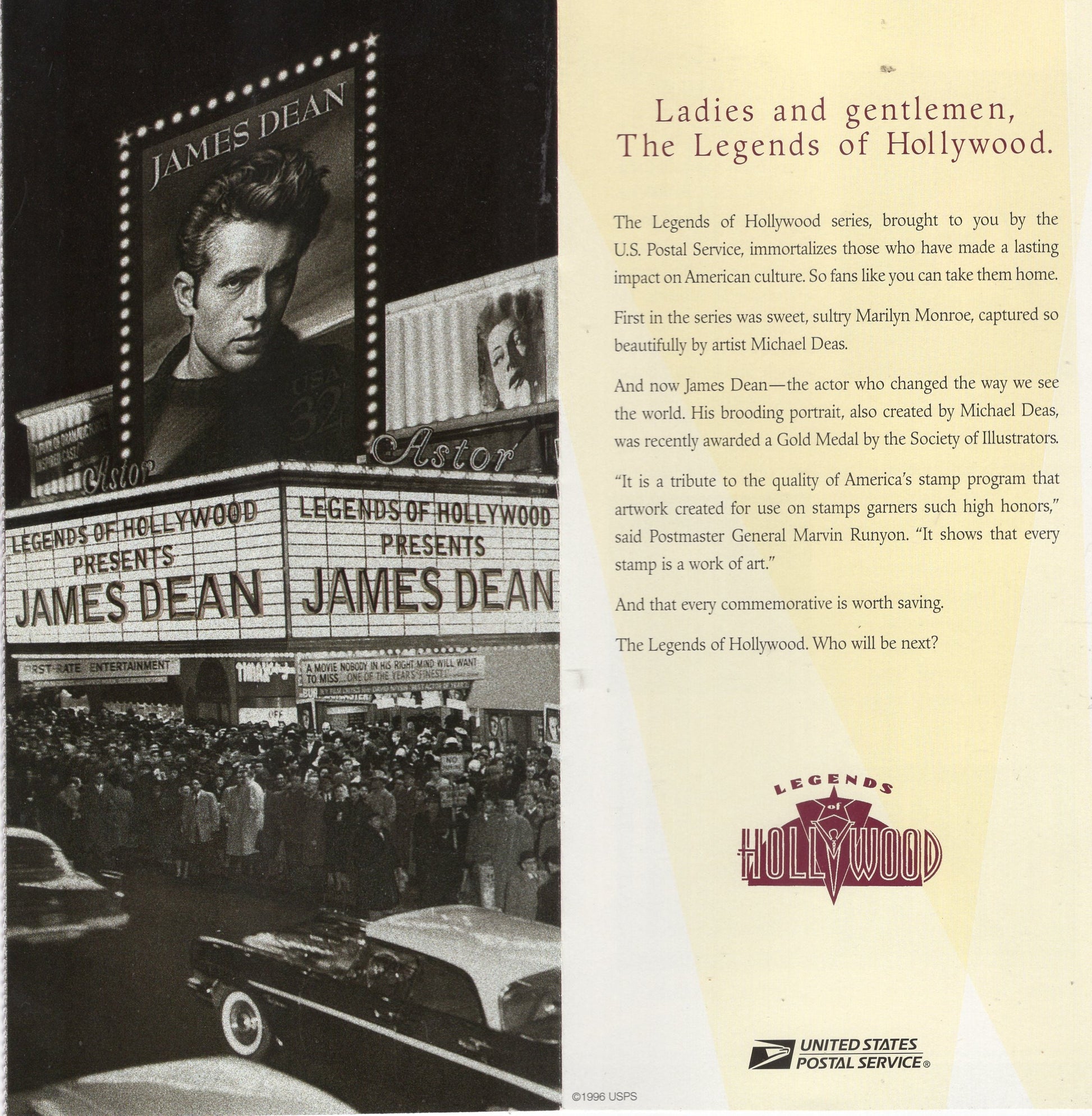 JAMES DEAN FOLDER Actor 8 Pages with Text + Illustrations from the Post Office - See 3 Scans - Vintage 1996 - Stock# 3082FLD 