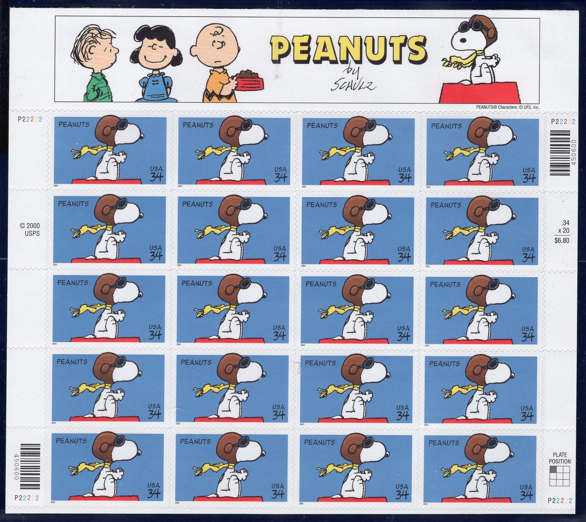 SNOOPY PEANUTS Decorative Sheet of 20 Stamps Lucy Linus Charlie Brown Bright Fresh- Vintage 2001 Stock# 3507 