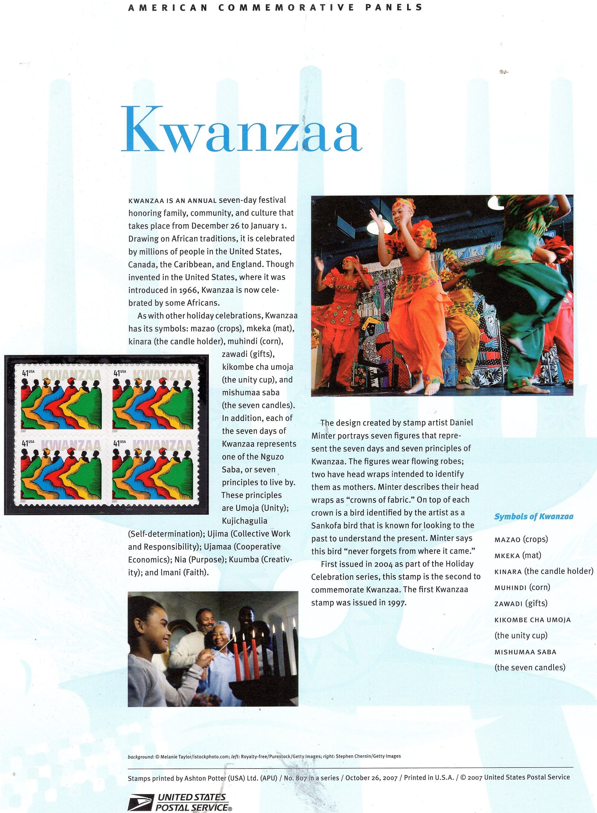 KWANZAA FESTIVAL SYMBOLS Black Heritage Crops Family Commemorative Panel w/ Block 4 Stamps Illustrations Text Great Gift 8.5x11-FreeUSA Ship