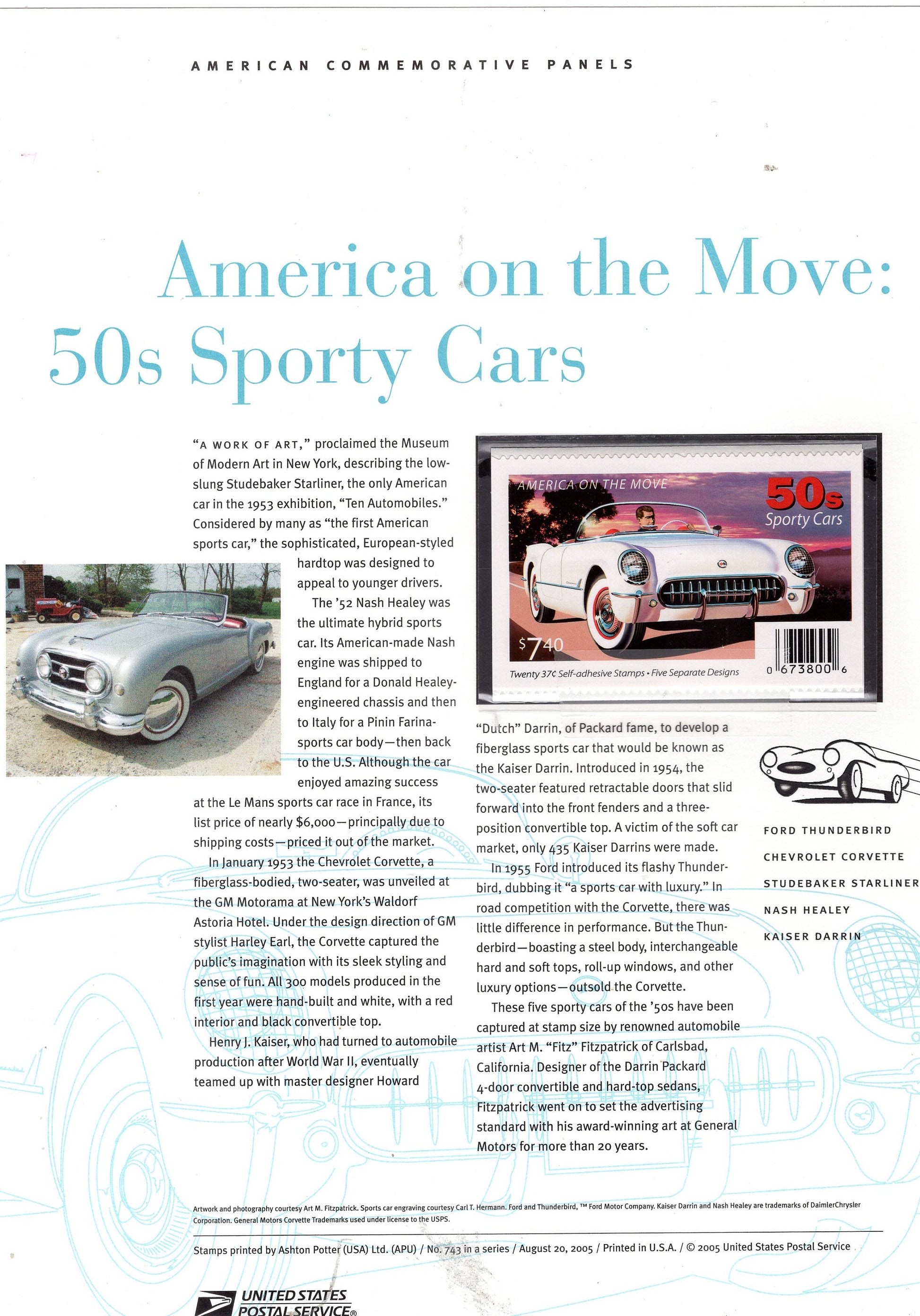 SPORTS CARS Booklet of 10 Commemorative Panel w/ Block of 4 Stamps Illustrations Text Great Gift 8.5x11 Vintage 2005 Stk# 743 