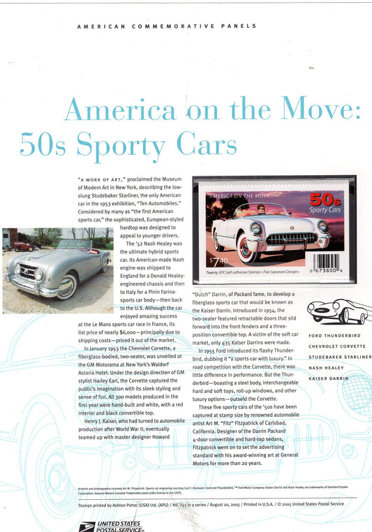 SPORTS CARS Booklet of 10 Commemorative Panel w/ Block of 4 Stamps Illustrations Text Great Gift 8.5x11 Vintage 2005 Stk# 743 