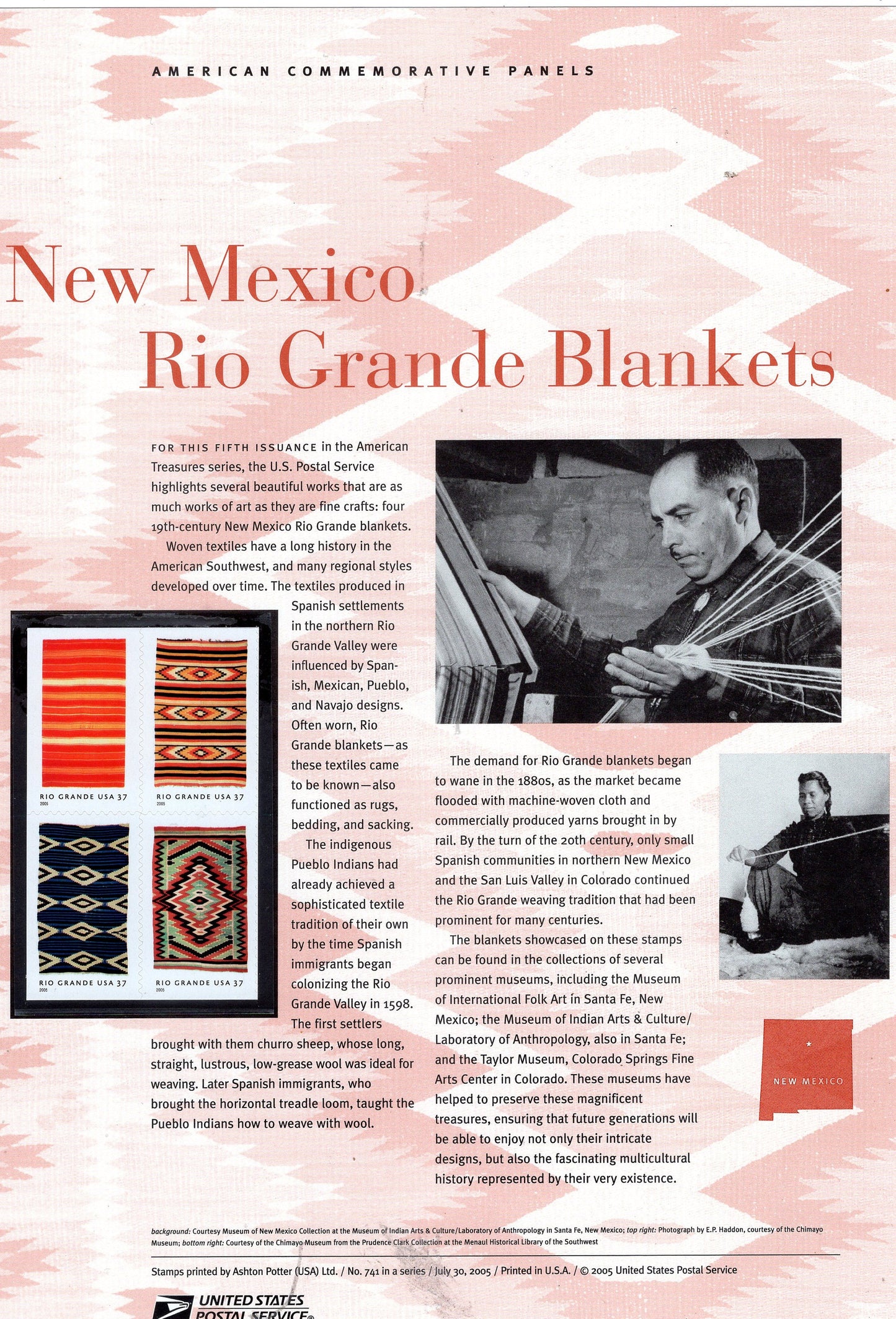 RIO GRANDE BLANKETS NMex Commemorative Panel w/ Block of 4 Stamps Illustrations Text Great Gift 8.5x11 Vintage 2005 Stck# 741 
