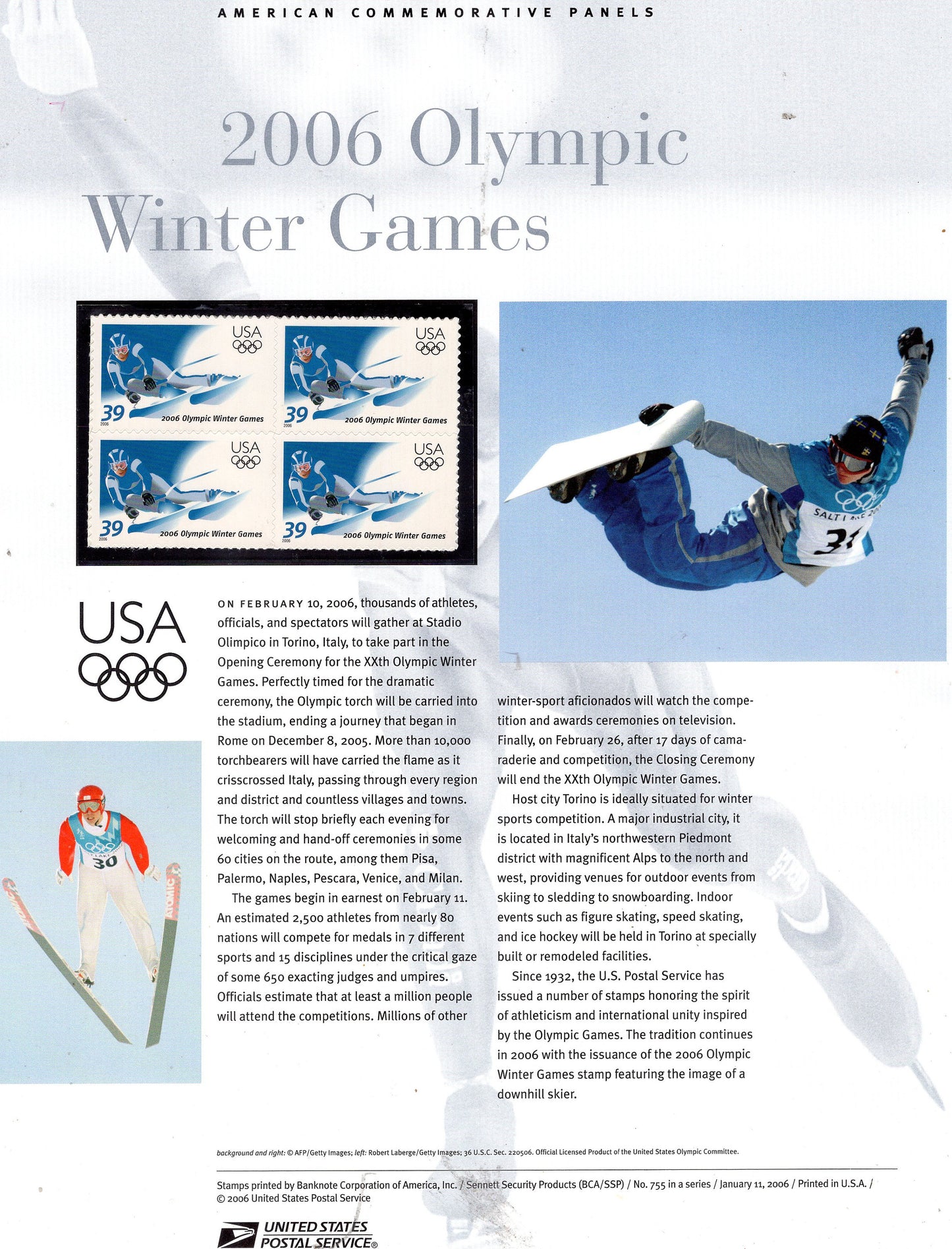 WINTER OLYMPICS SKI Boarding Commemorative Panel w/ Block of 4 Stamps Illustrations Text Great Gift 8.5x11 #755 