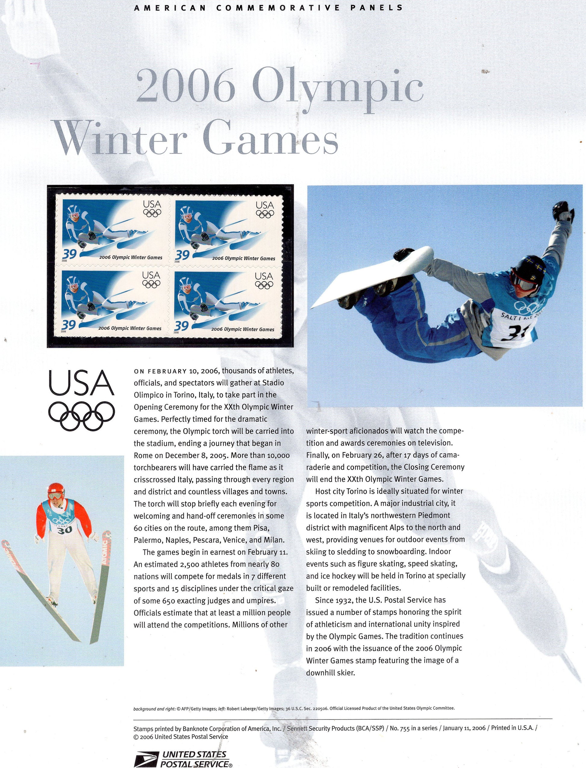 WINTER OLYMPICS SKI Boarding Commemorative Panel w/ Block of 4 Stamps Illustrations Text Great Gift 8.5x11 #755 