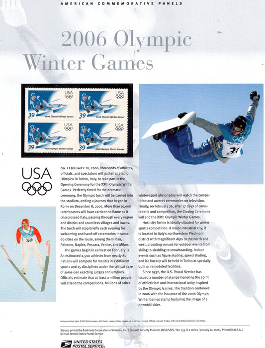 WINTER OLYMPICS SKI Boarding Commemorative Panel w/ Block of 4 Stamps Illustrations Text Great Gift 8.5x11 #755 