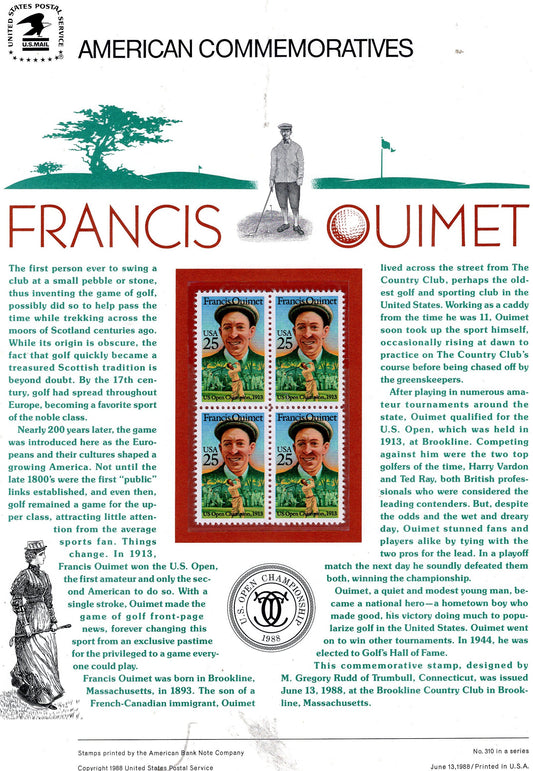 FRANCIS OUIMET GOLF Open Champion Commemorative Panel w/Block of 4 Stamps Illustrations Text Great Gift 8.5x11 -Year 1988 #310