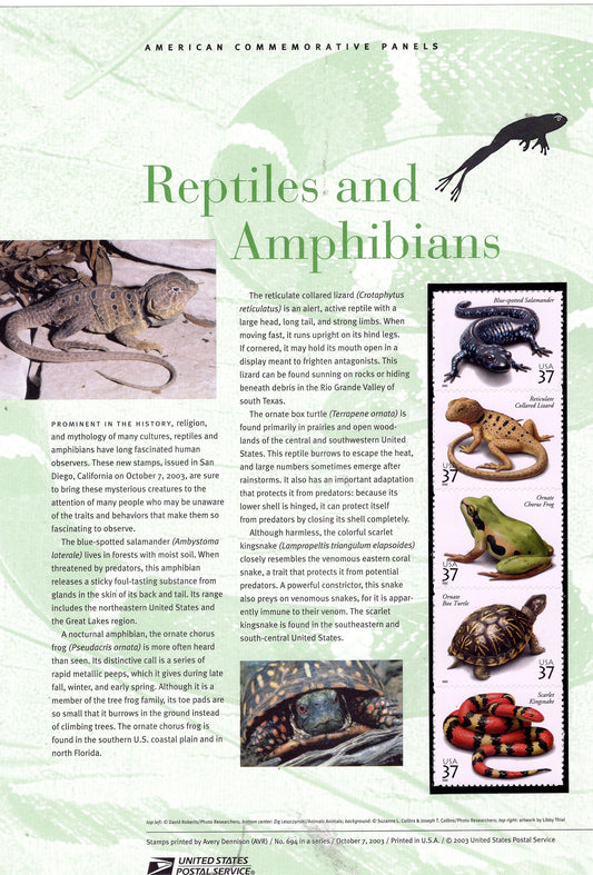 REPTILES AMPHIBIANS TURTLE Commemorative Panel w/ Block of 4 Stamps Illustrations Descriptive Text Great Gift 8.5x11 694 Yr 2003- FreShipUSA