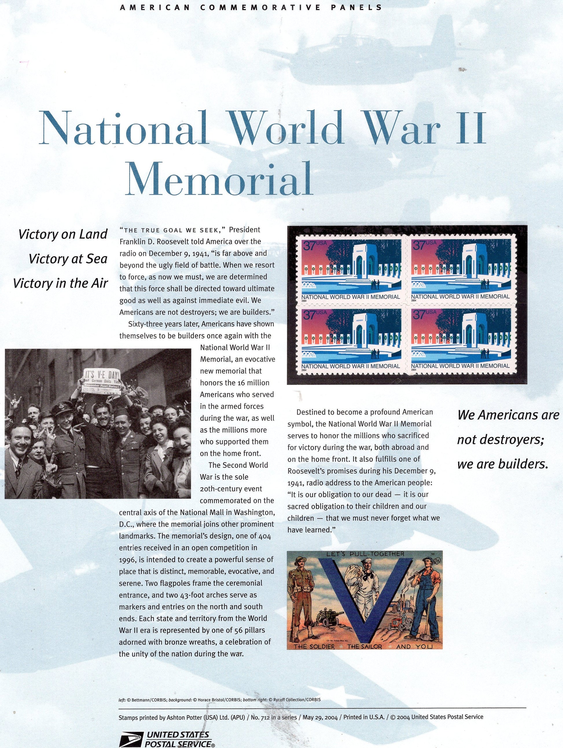 WORLD WAR II 2 Memorial Washington Victory Commemorative Panel with Block 4 Stamps Illustrations Text Great Gift 8.5x11-2004 