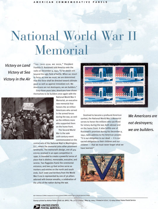 WORLD WAR II 2 Memorial Washington Victory Commemorative Panel with Block 4 Stamps Illustrations Text Great Gift 8.5x11-2004 